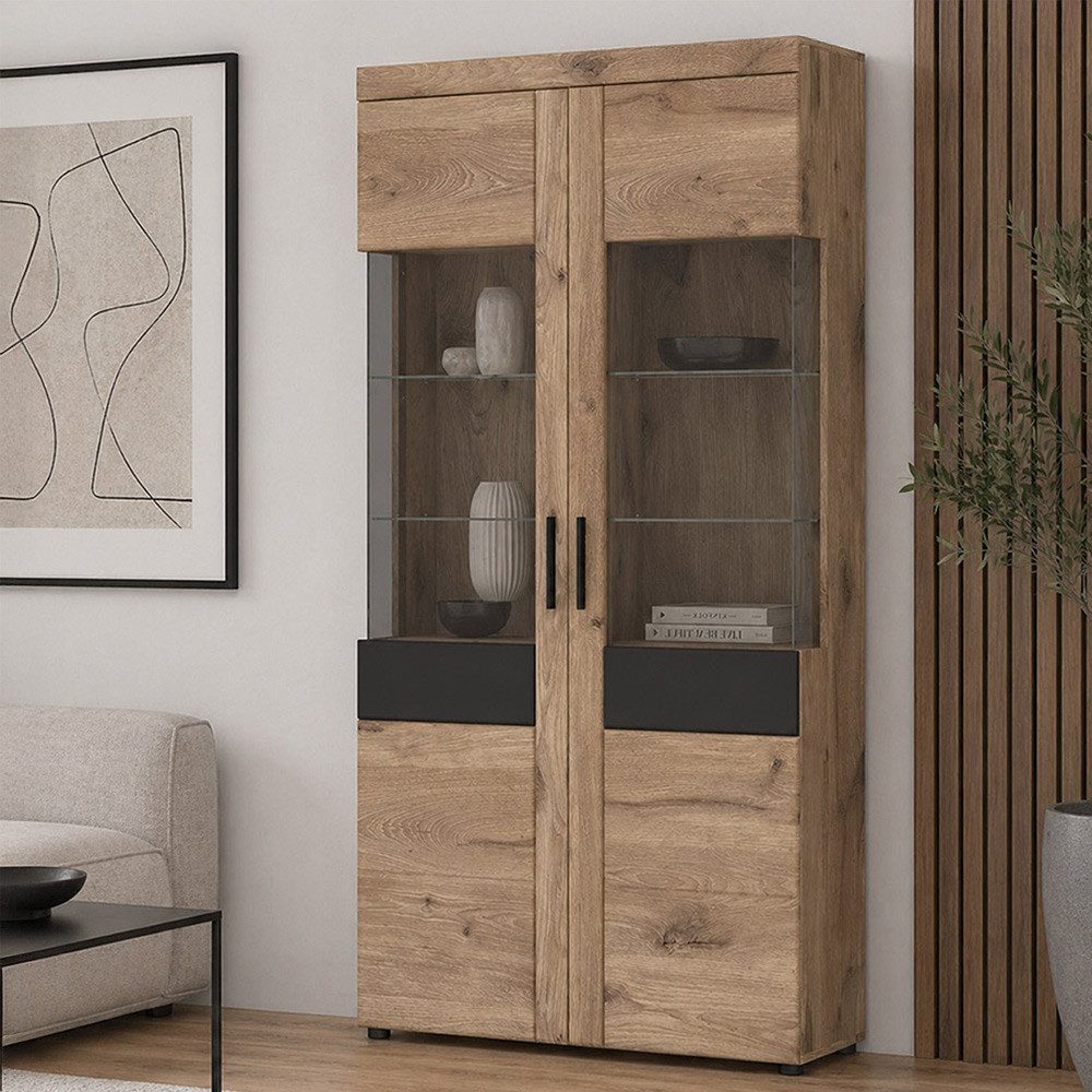 Lomadox Vitrine GRAHAM-129 Eiche Dekor Grau 92,8 cm Softclose Glaseinlegeböden