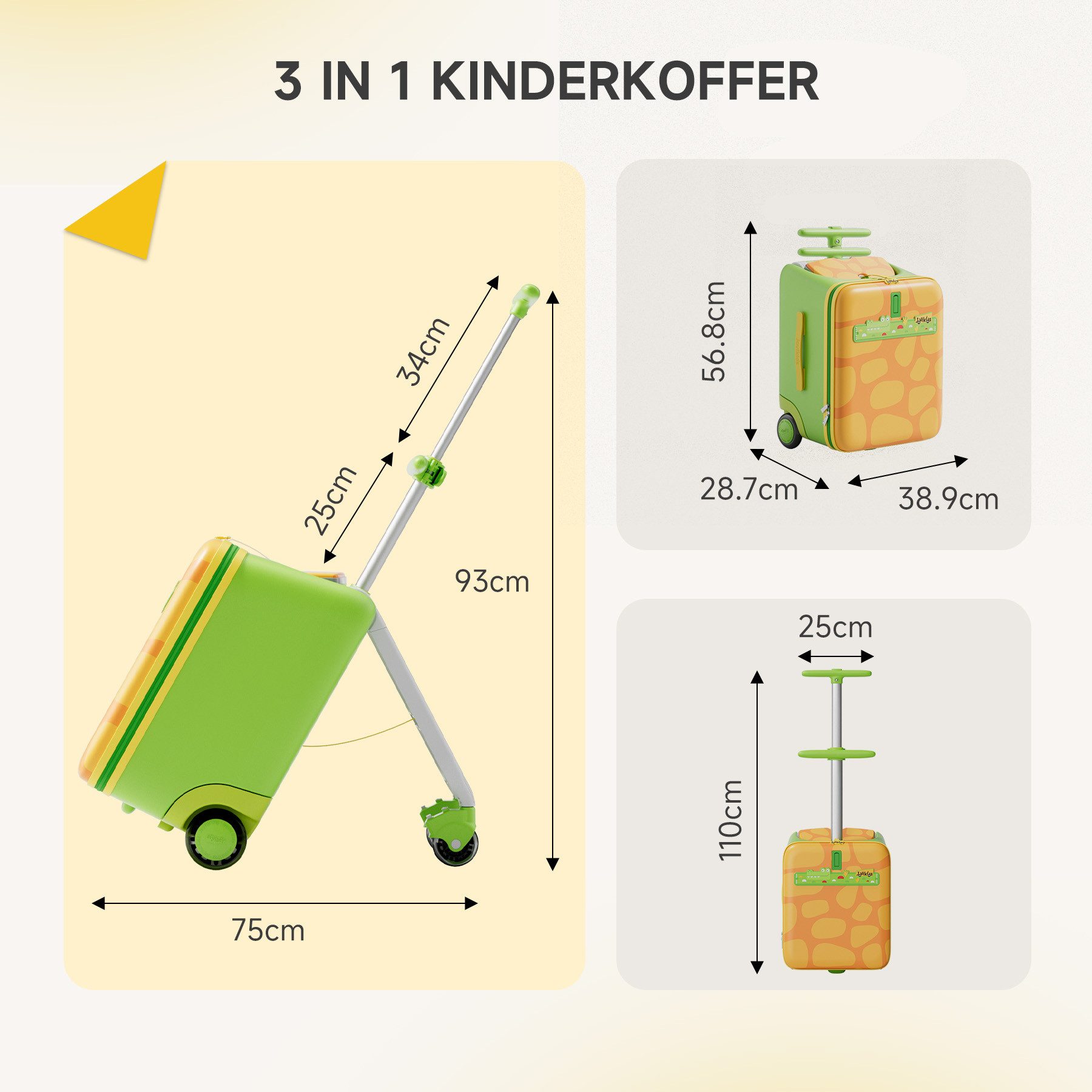 Jovikids Kinderkoffer 3-in-1-Reisekoffer mit Universalrollen & Armlehnen, 4 Rollen, für Kinder ab 3 Jahren, 38L großer Handgepäck-Trolley