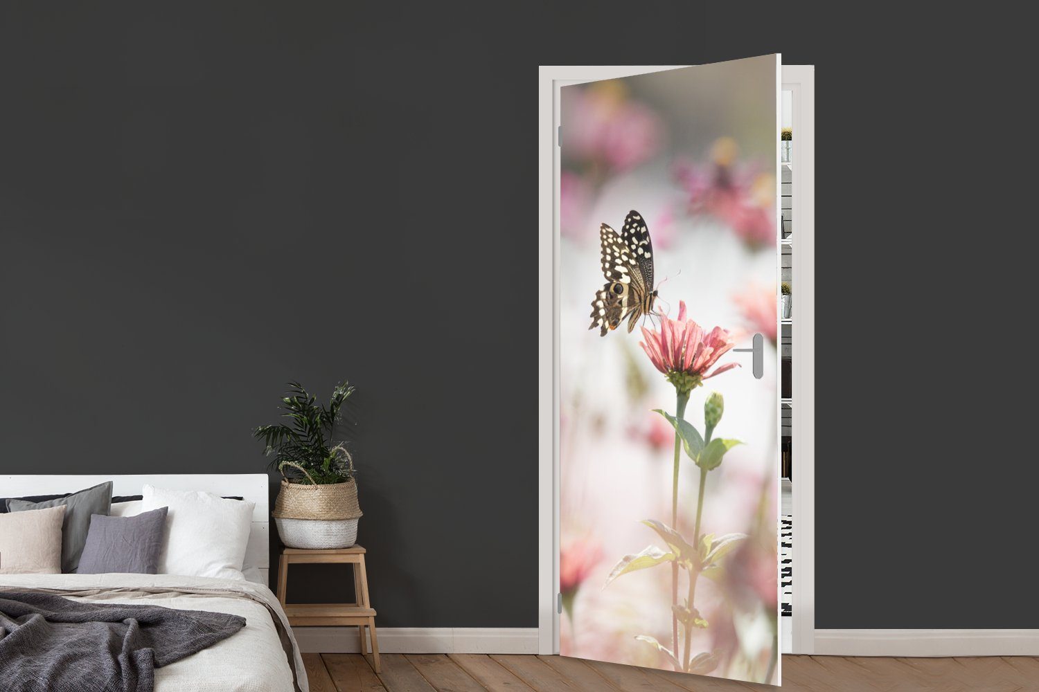 Tür, Türtapete - bedruckt, (1 Blume St), - Schmetterling 75x205 Türaufkleber, Rosa, MuchoWow für Fototapete cm Matt,