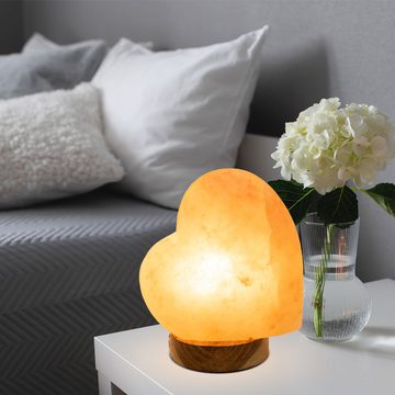 Globo Tischleuchte, Leuchtmittel nicht inklusive, Tischleuchte Salzkristall Herzform Nachttischlampe Holzsockel 1x E14