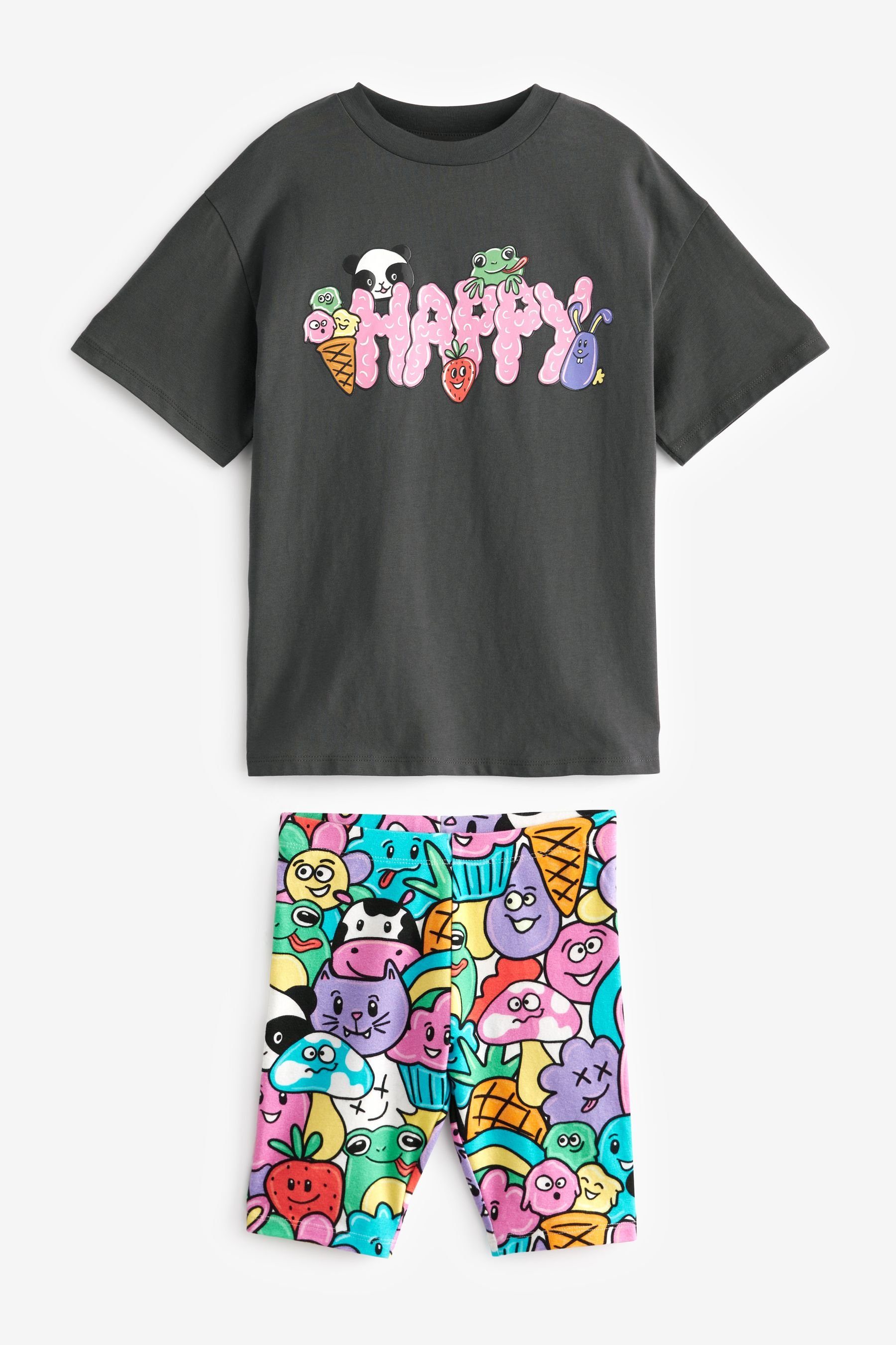 Next T-Shirt & Shorts Set mit Oversized-T-Shirt und Radlerhose (2-tlg) Charcoal Happy Character