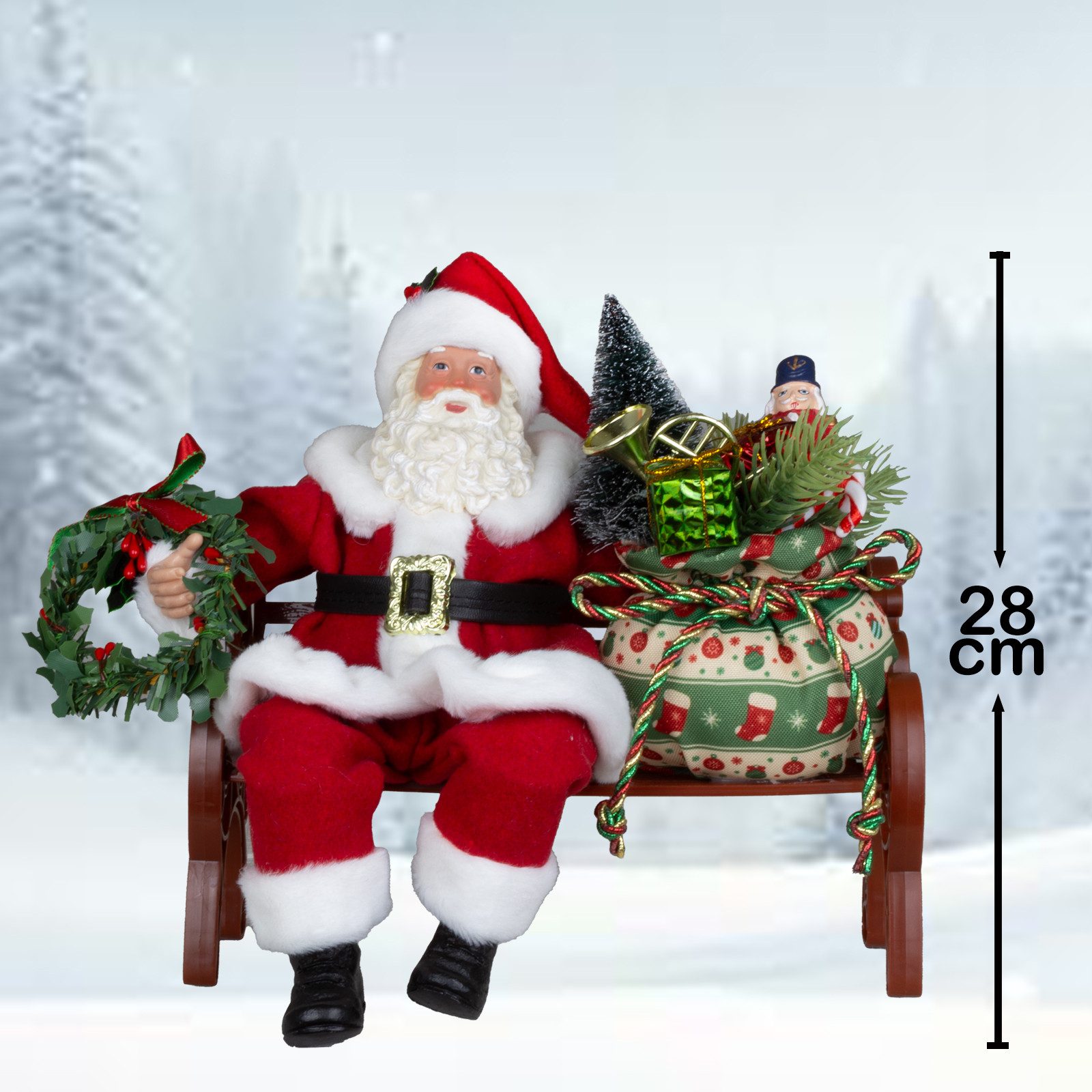 Christmas Paradise Weihnachtsmann sitzend 28cm auf Bank (Santa, 1 St., Weihnachtsdeko), mit buntem Geschenkesack und Weihnachtskranz