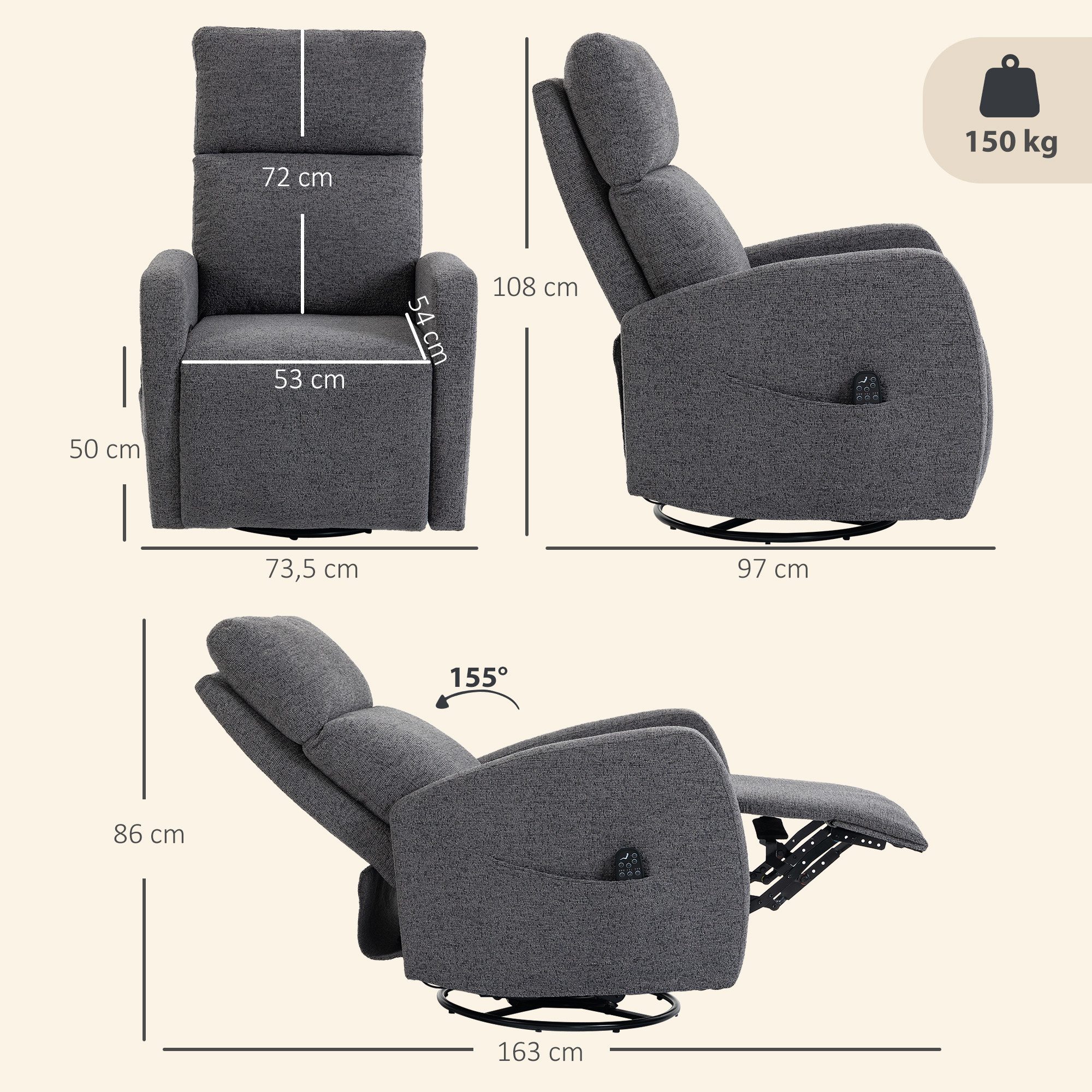 HOMCOM Massagesessel mit Wärme und Vibrationsmassage (Drehbarer Relaxsessel, 1-St., Relaxsessel), mit Chenille-Optik für Wohnzimmer Dunkelgrau