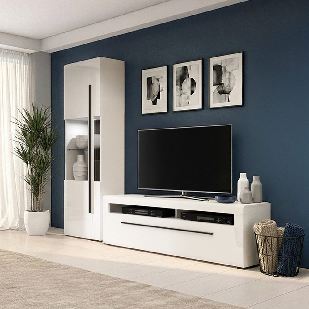 Lomadox Wohnwand TURDA-83, (2-St., Couchtisch Highboard Lowboard Sideboard Vitrine Wandregal), weiß Hochglanz Metallgriffe schwarz modern inkl. LED Beleuchtung