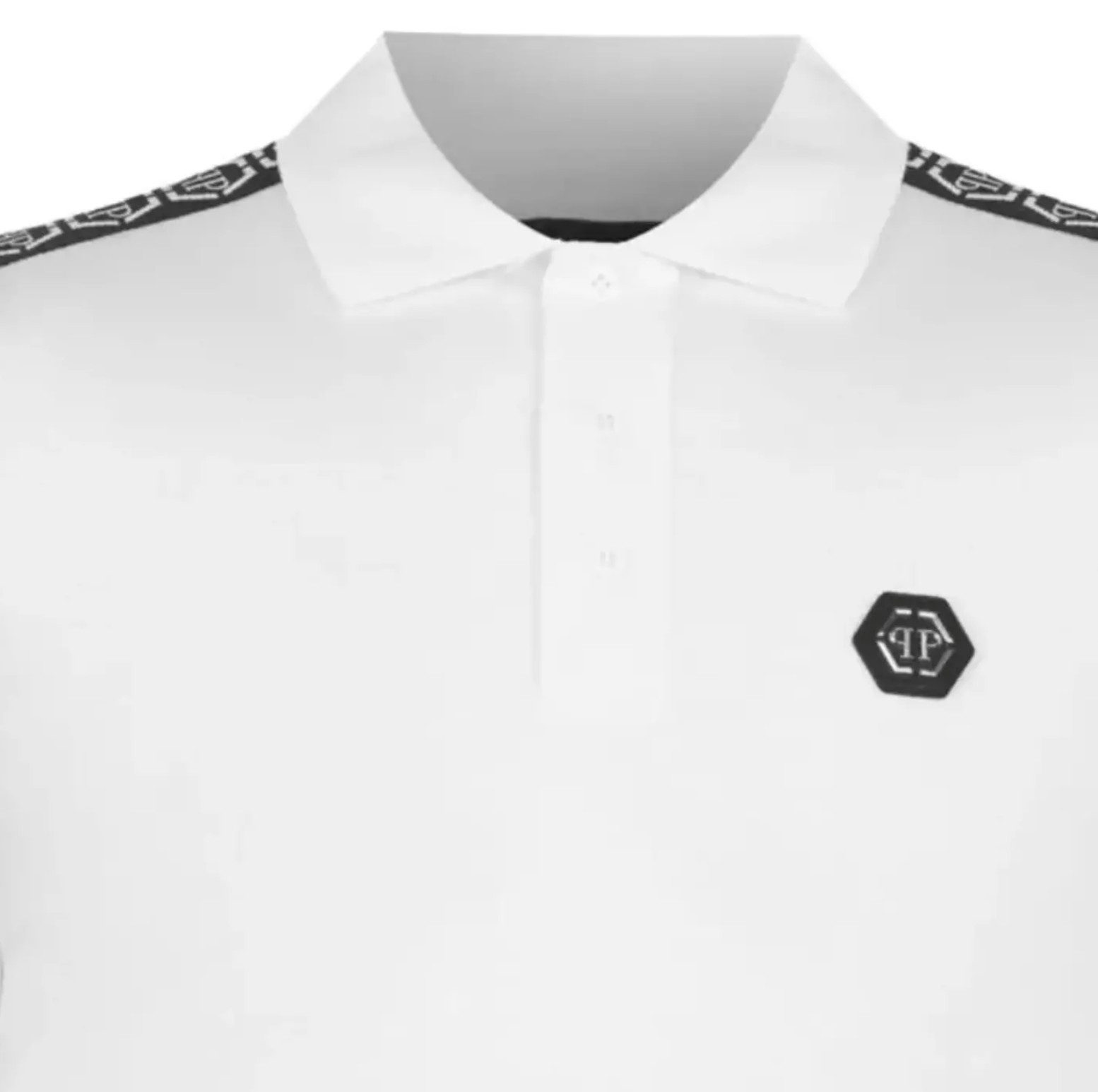 Philip Plein Poloshirt Polohemd mit Tape Streifen PP Hexagon Leder-Patch Slim Fit Doppelnadel-Nähten, ikonischen Philipp Plein Tape-Streifen