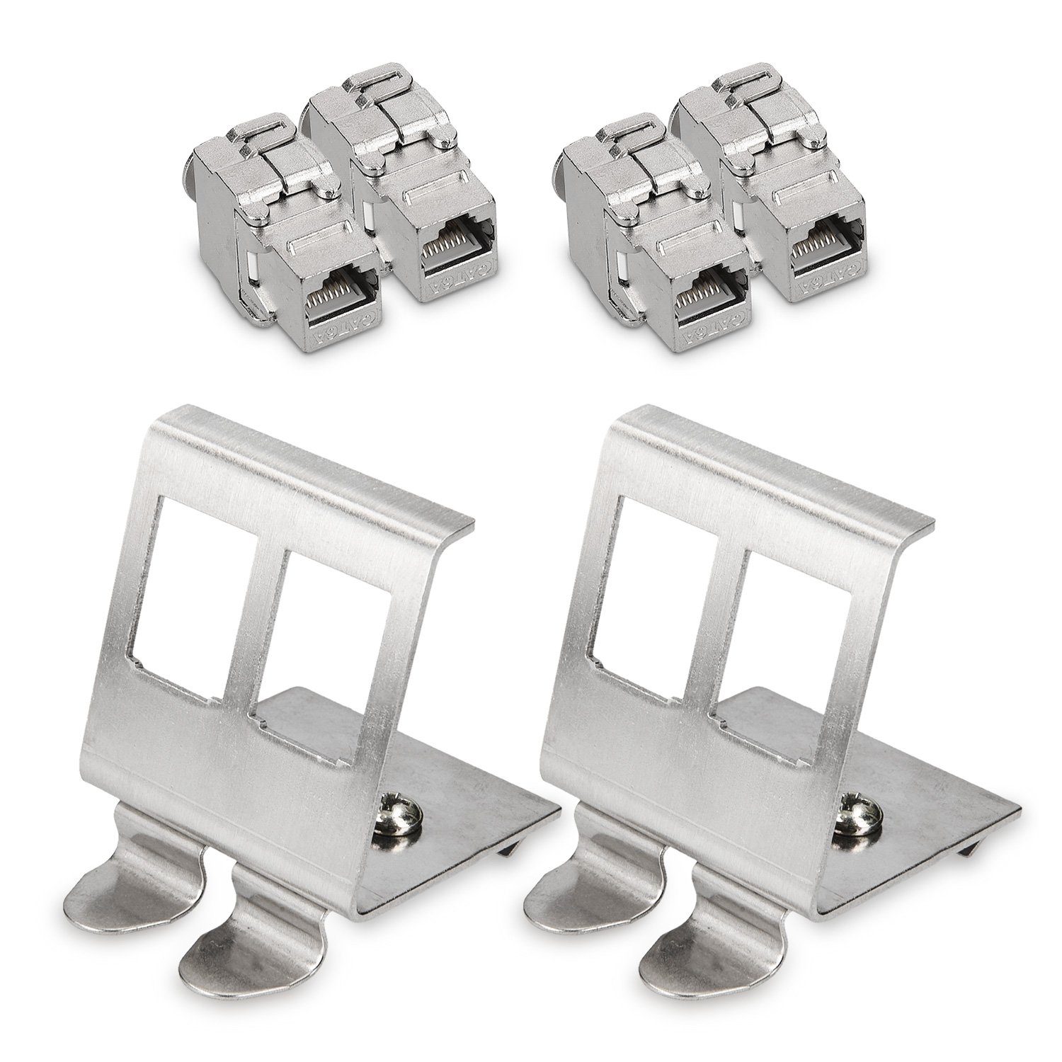 Keystone Modul & Hutschienenadapter Set - 4x CAT 6A Modul, 2x Halter Netzwerkkabel