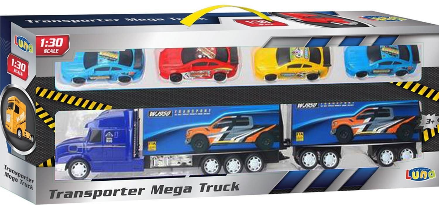 Diakakis Spielzeug-Transporter Mega Truck 65cm Hauben LKW m. Anhänger 4  Rennwagen