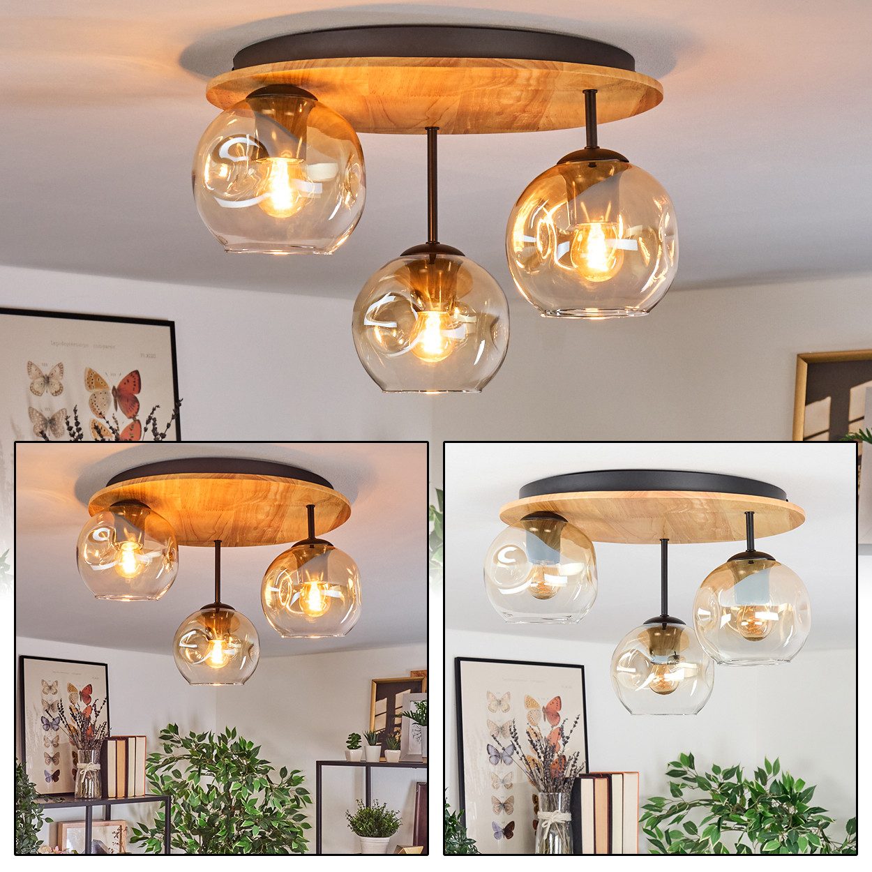 hofstein Deckenleuchte Deckenlampe aus Metall/Holz/Glas in Schwarz/Natur/Be günstig online kaufen