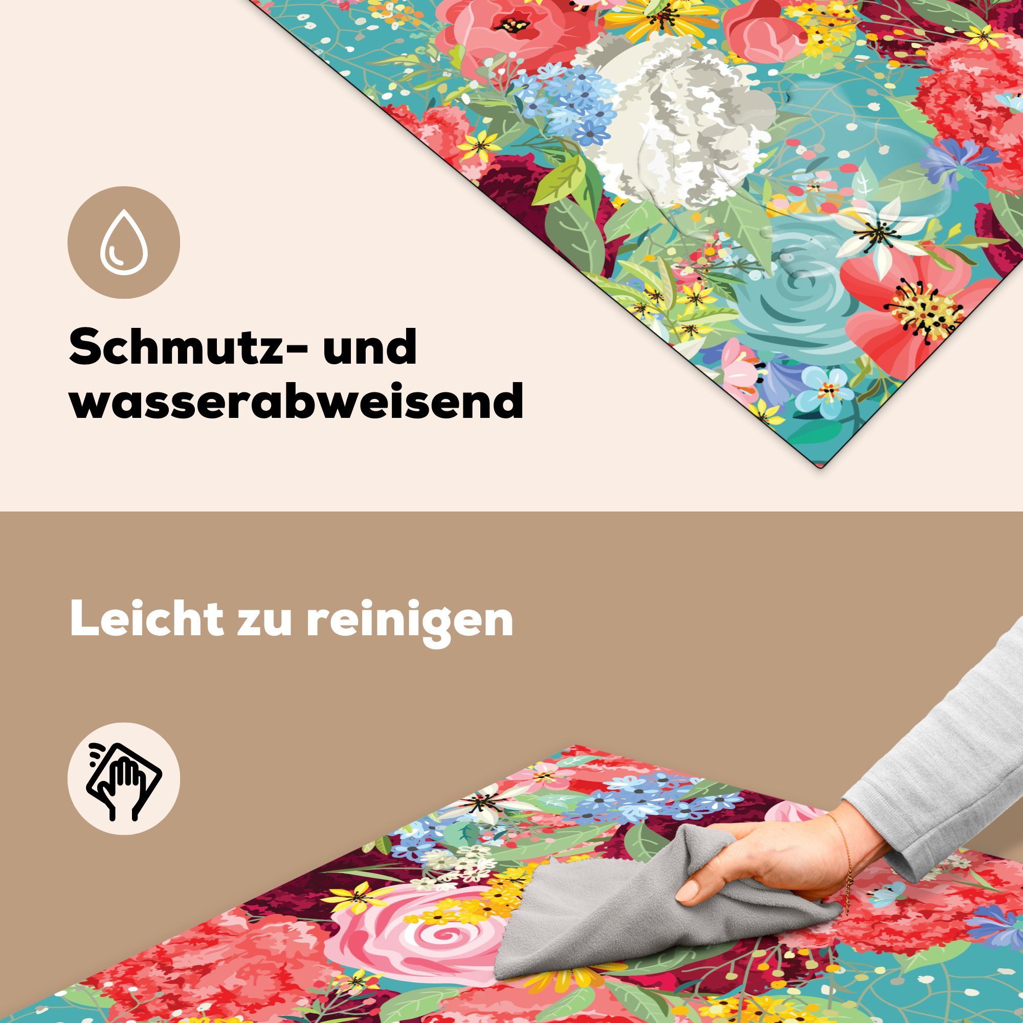 tlg), Vinyl, für mit küche Eine (1 farbenfrohe Herdblende-/Abdeckplatte MuchoWow Arbeitsplatte Illustration Ceranfeldabdeckung, Blumenmuster, 78x78 cm,