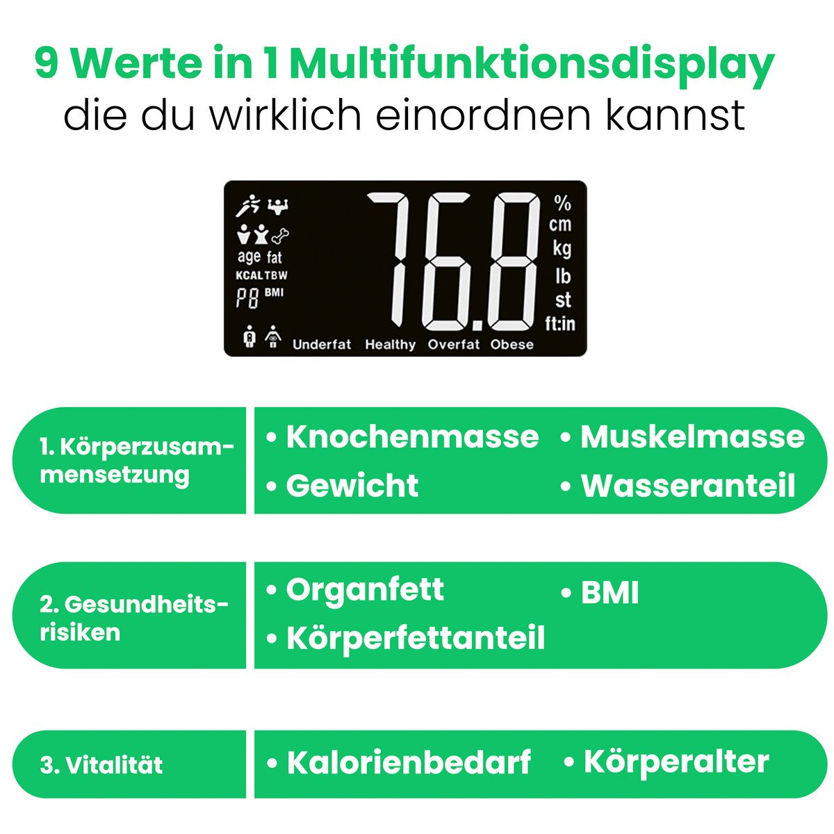 ProfiCare Personenwaage PC-PW 3149 FA, Personenwaage, 9in1 Funktion, Sicherheitsglas