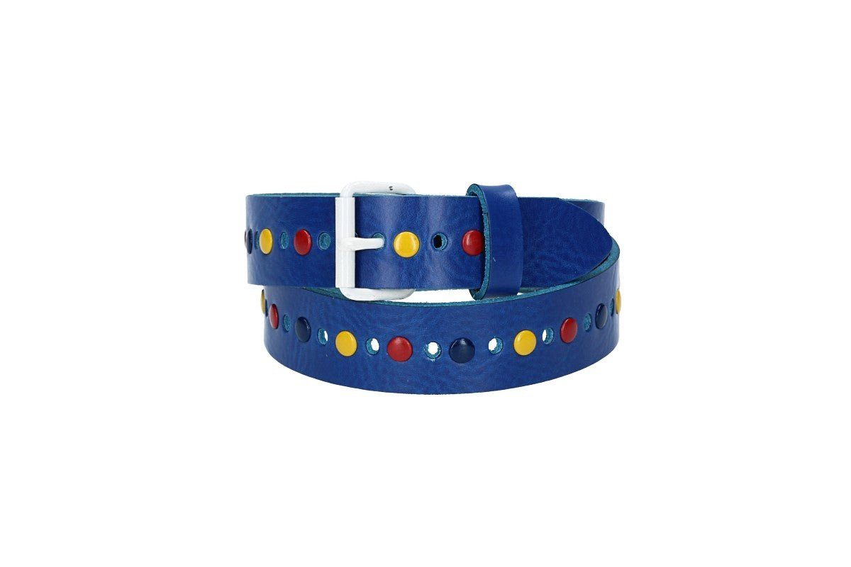 kiddybelts Ledergürtel Kids 25mm in Kobaltblau Lochung, bunten Nieten und weißer Rollschließe (KB12-460, 1-St) sehr weiches Vollrindleder