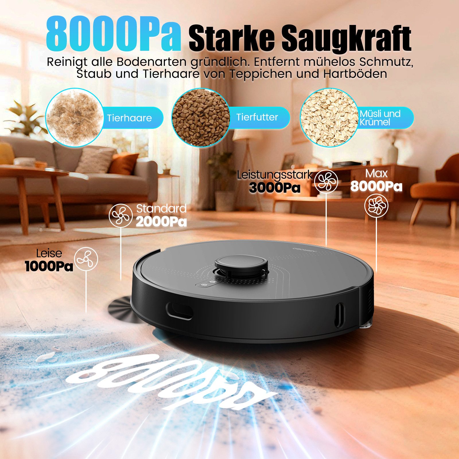 AIRROBO Nass-Trocken-Saugroboter Q20 mit wischen und saugen,8000 Pa Saugkraft, 45 W, Präzisionsnavigation, für verschiedene Bodenbeläge geeignet, tierfreundlich, AI-gestützte Laser-Hindernisvermeidung,APP-Bedienbar,2 Jahr Garantie