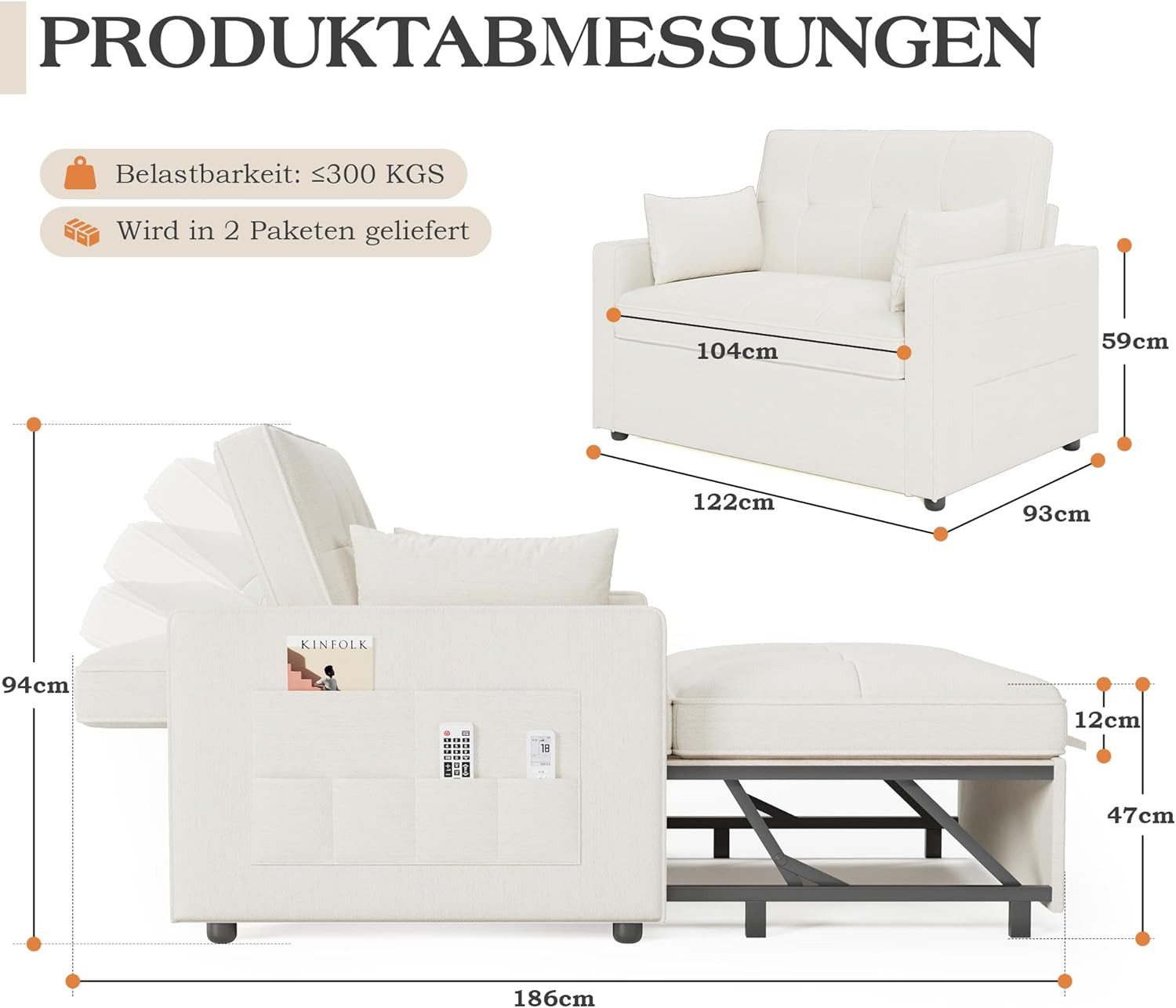 AMERLIFE Schlafsofa 3-in-1 Sofa, 5-stufig Verstellbar, mit Seitentaschen & Kissen, 122x93x94cm, 2er-Sofa mit Bettfunktion, 300kg tragbar