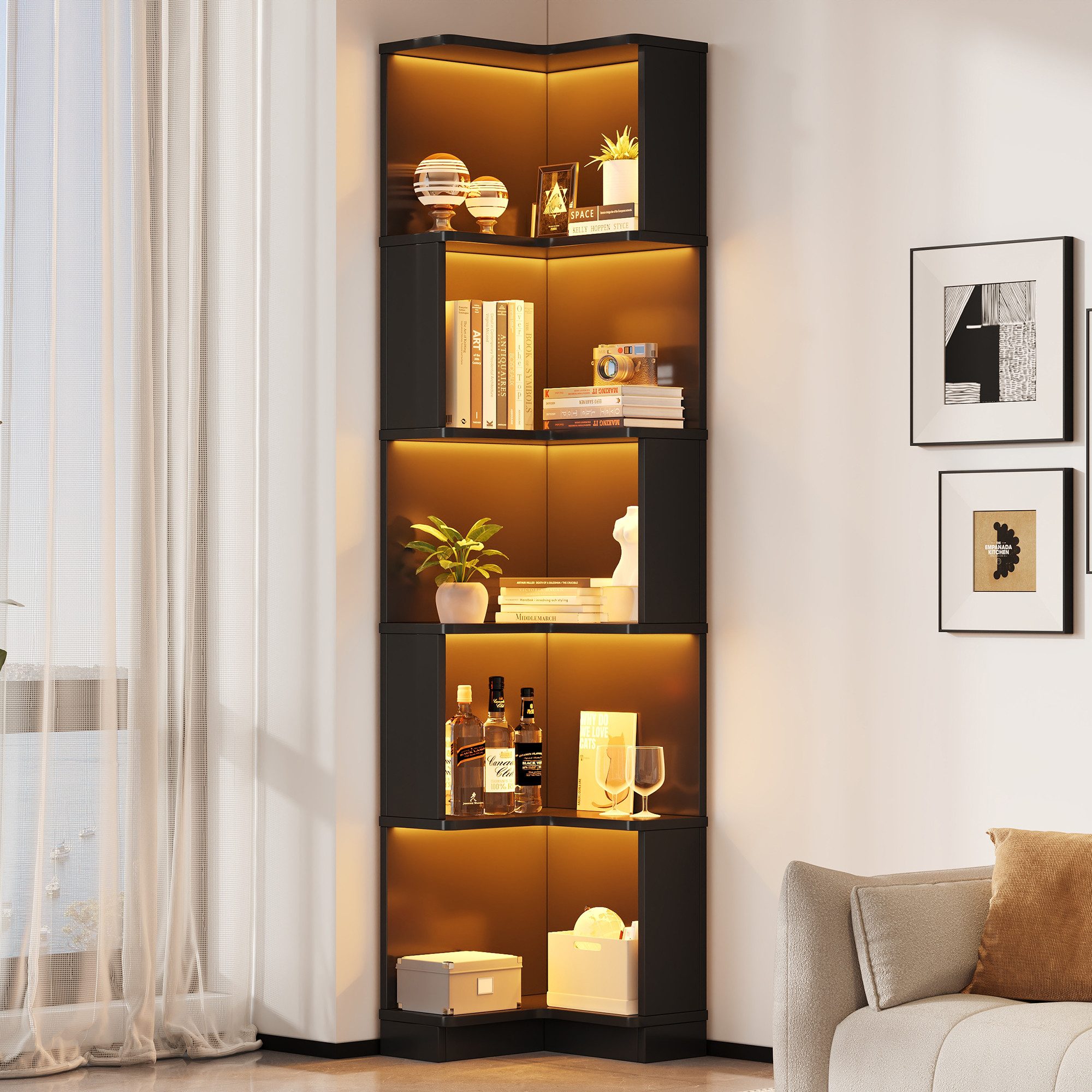 Merax Bücherregal mit LED-Farbwechsel, 1-tlg., Eckbücherregal Eckregal L-förmiges Regal mit 5 Ebenen, 63,5x45x175 cm