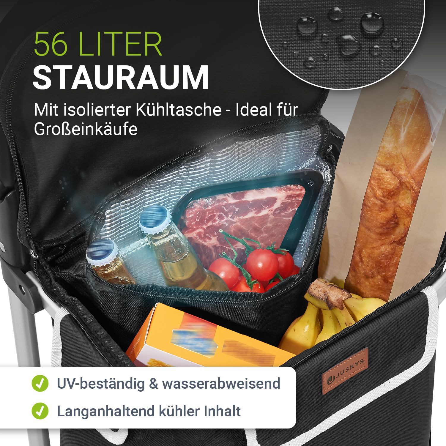 Juskys Einkaufstrolley 3in1, 56 l, mit 2 Rollen und Kühlfach, klappbar und modern, auch als Sackkarre
