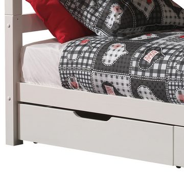 Lomadox Etagenbett PINOO-12, Kinderzimmer mit Leiter in Kiefer massiv weiß lackiert 210/140/105 cm