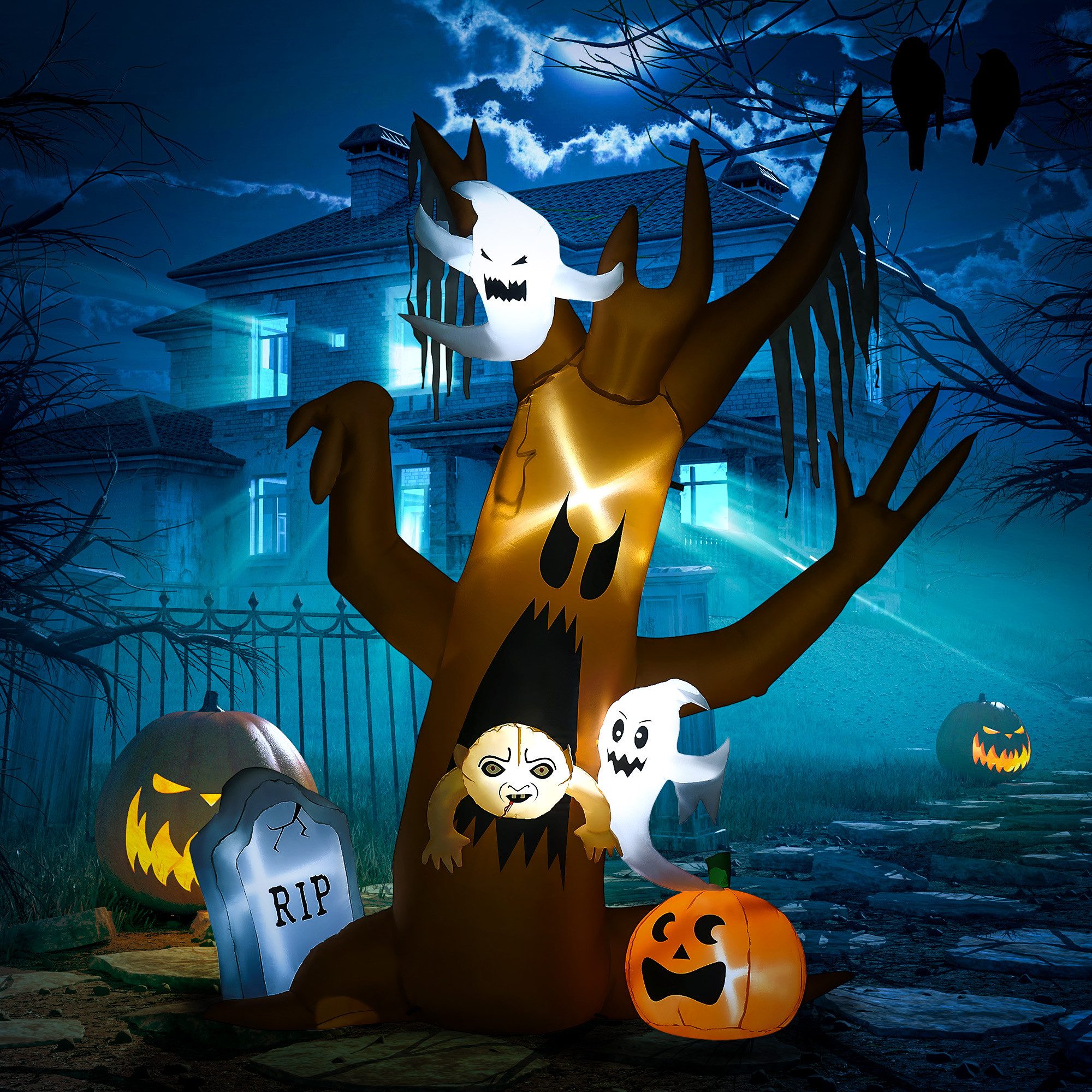 HOMCOM LED-Dekofigur Spukbaum mit LED Beleuchtung, wasserdichte Gartendeko (Halloween-Deko, 1 St., Aufblasbarer Spukbaum), Mehrfarbig 200 x 90 x 240 cm