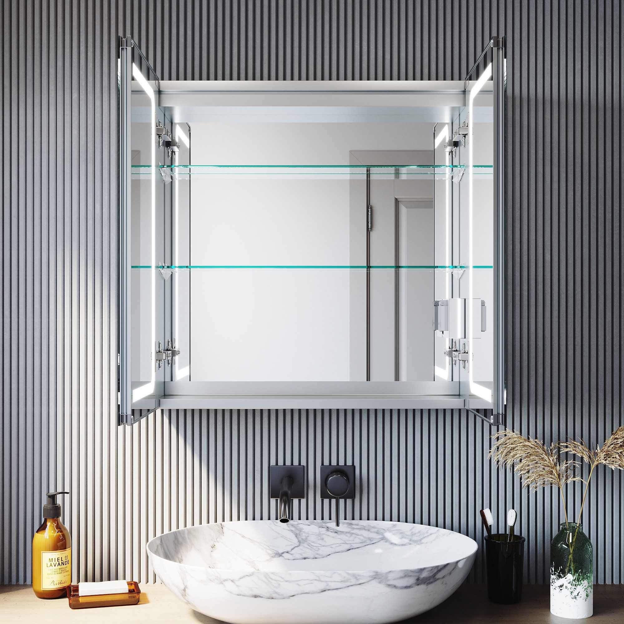 SONNI Spiegelschrank Spiegelschrank bad mit Beleuchtung und Antibeschlag-Funktion Aluminium mit Touch-Bedienung und integrierter Rasierersteckdose