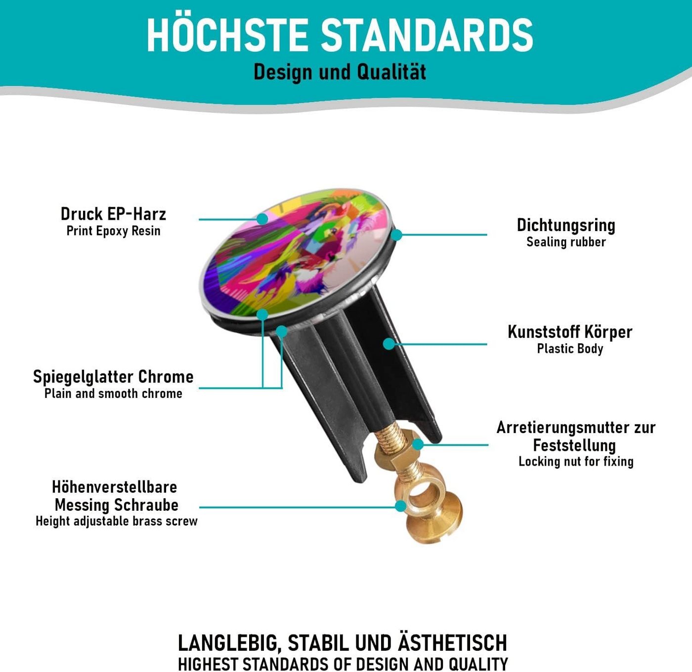 Thumbnail - Arteneur Waschbeckenstöpsel, ⌀ 4 cm, 100% wasserdicht, extra schwerer Messingkern, hochwertig