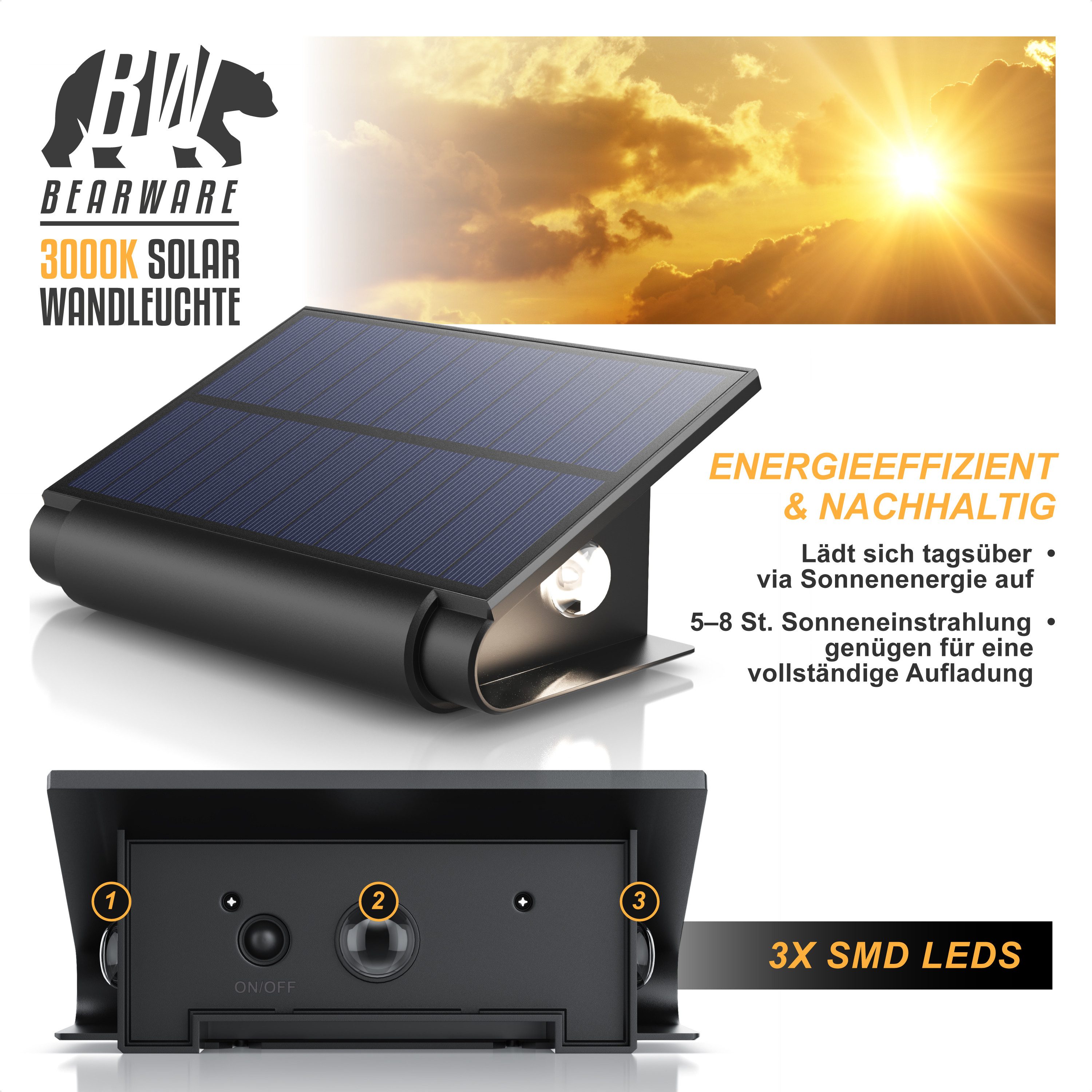 BEARWARE LED Solarleuchte Solar Wandleuchte für außen mit Akku & ohne Stromanschluss Wasserdicht, Ein-/Ausschalter, mehrere Helligkeitsstufen, LED fest verbaut, – Bild 5 von 5