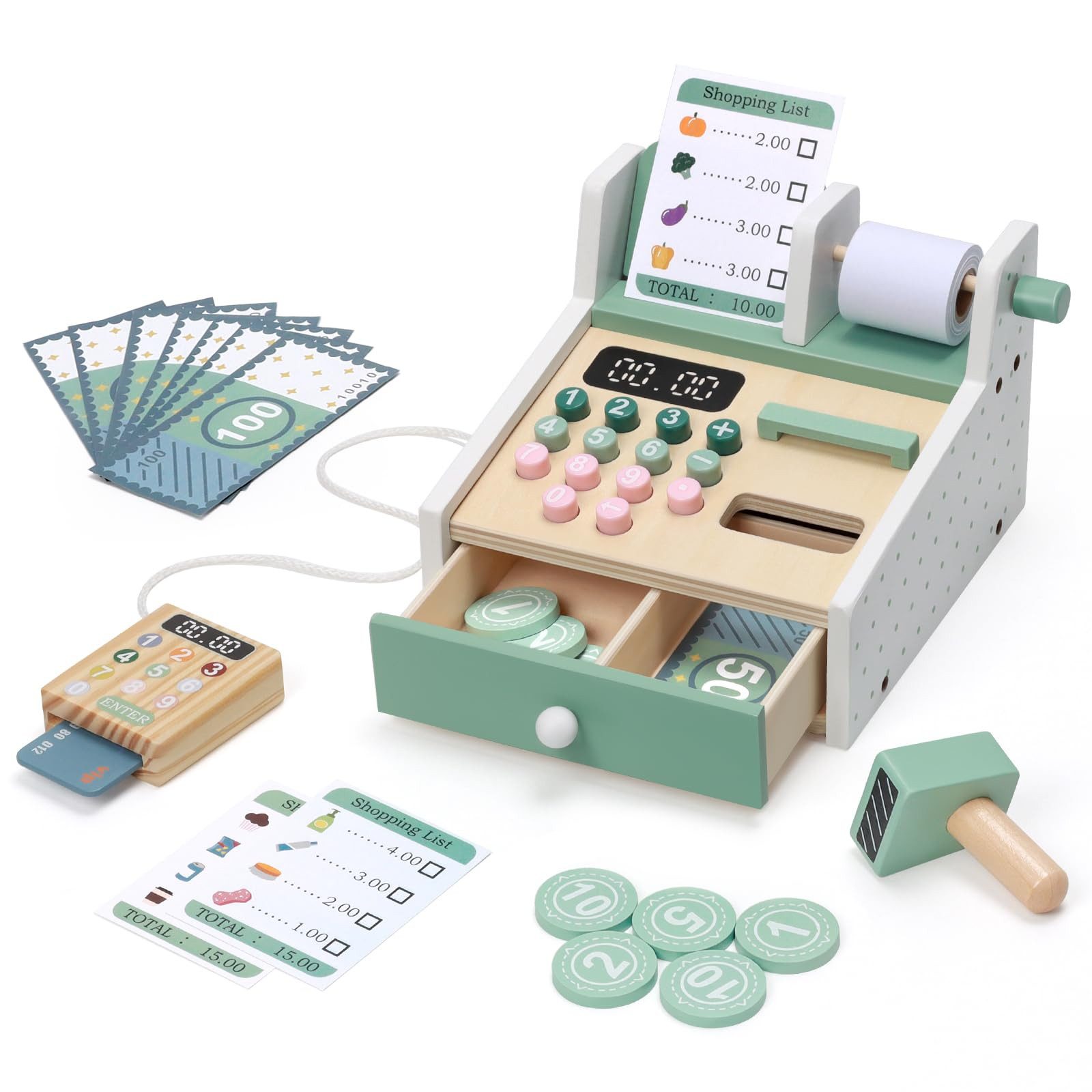 CLTYQ Spielkasse Spielkasse Holz-Kassenset,Montessori,Spielgeld Kartenlesegerät, Kaufladen Zubehör, Spielzeug Kasse Kinderab 3 Jahr