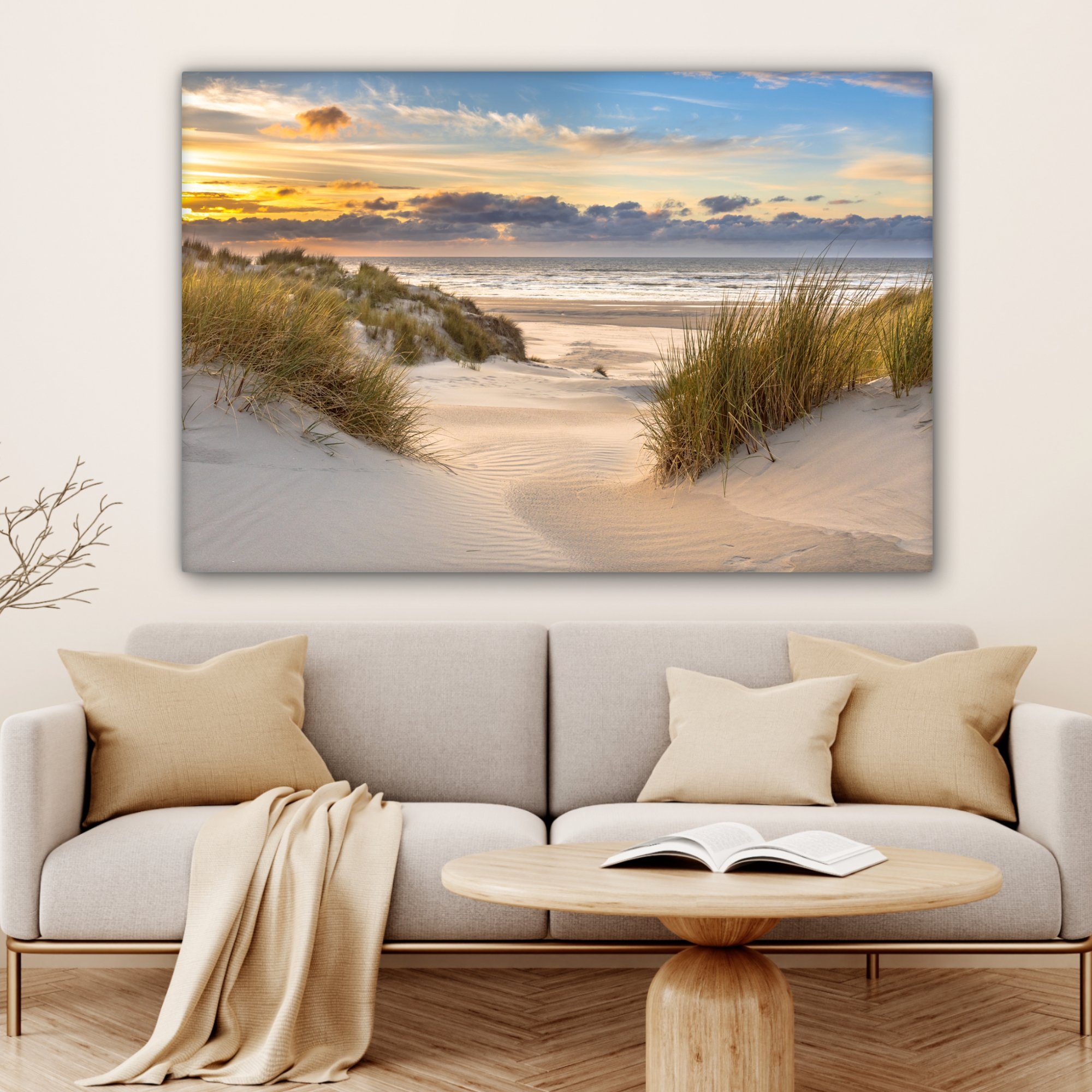 Gemälde, 120x80 Wohnbereiche, großes, - XXL, alle Düne - Meer, Sonnenuntergang Gras Strand cm - OneMillionCanvasses® Leinwandbild St), (1 Wandbild für -