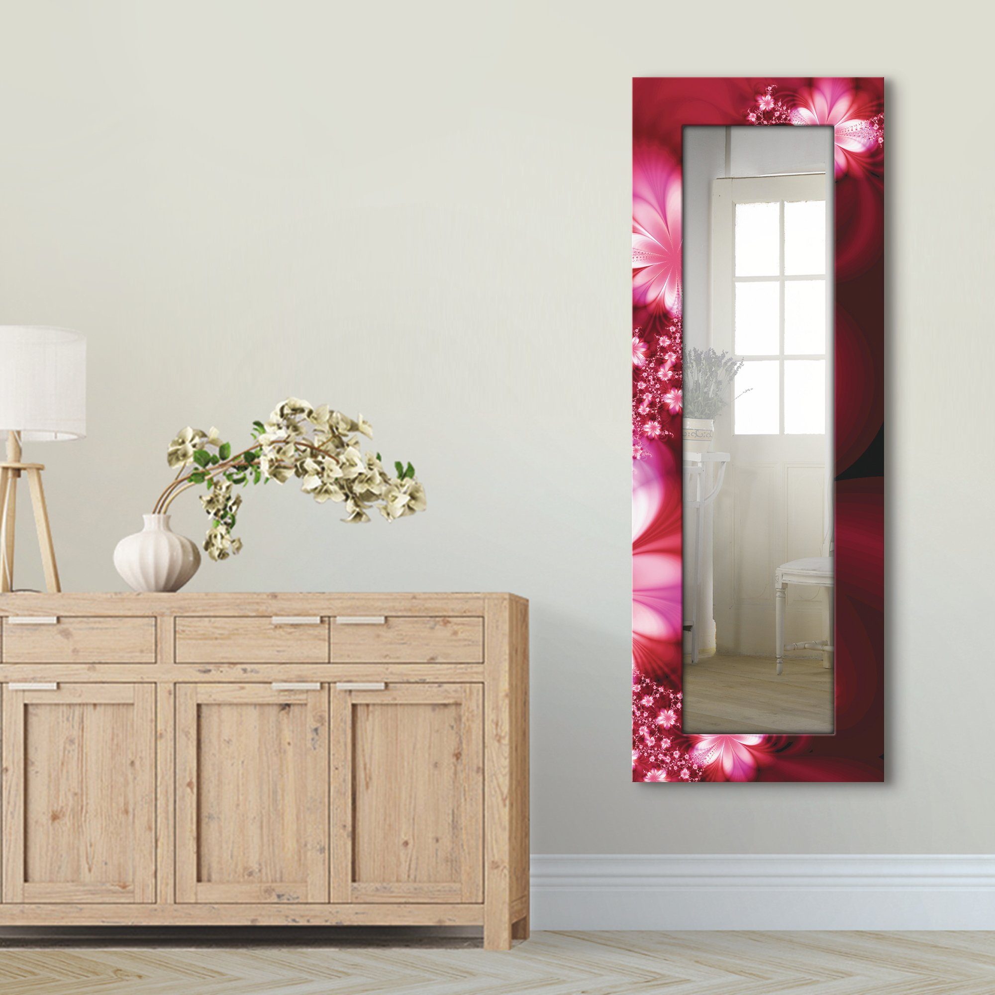 Motivrahmen, Landhaus mit Dekospiegel Wandspiegel, Girlande Artland Blumen, Ganzkörperspiegel, gerahmter aus