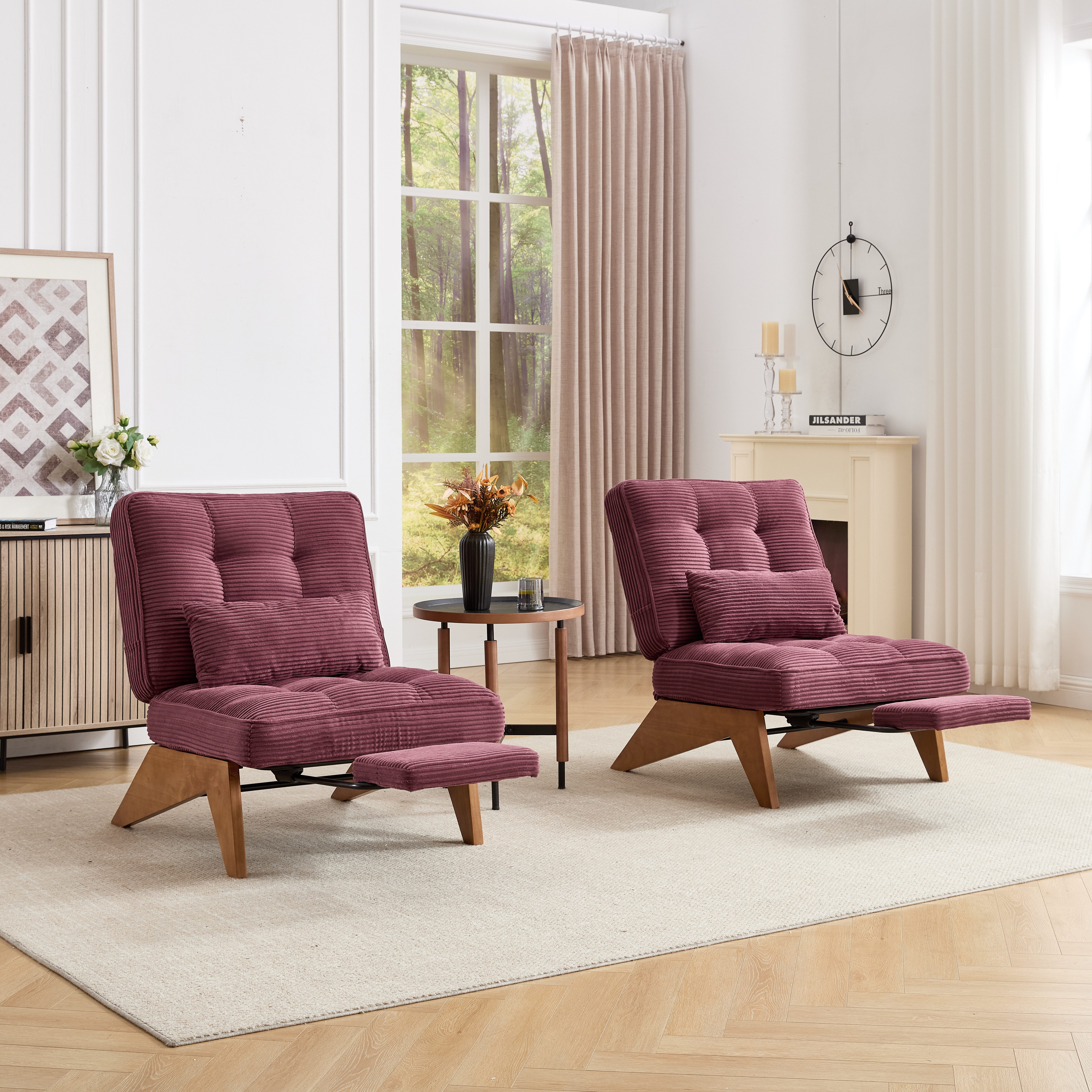 REDOM Loungesessel Verstellbarer Polsterstuhl (Relaxsessel mit Lendenkissen & Holzbeinen, atmungsaktives Kordpolster)