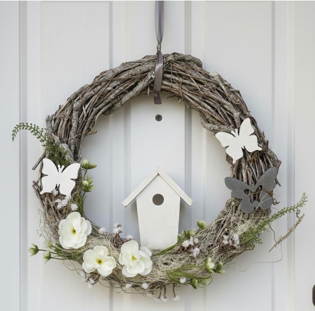 LB H&F Lilienburg Dekohänger Türkranz Frühling Frühlingsdeko Deko Eingang Dekoration Tür (Ostern Osterdeko Fensterhänger Dekohänger Fenster Fensterschmuck Wandschmuck Willkommen Girlande zum Hängen aufhängen Türschild Weide Weidenkranz Rattan Weide natürlich künstliche Blumen Hochzeit Herbst Osterkranz Osterhänger Osteranhänger Dekokranz Sommer außen Blumenkranz Frühlingskranz Fensterbehang Sommer Fensterdekoration Dekoration Tür Dekoaufhänger Holzaufhänger Hängedekoration Fensteranhänger basteln Fenstergirlande Wandbehang künstlich lebensecht Seidenblumen Kunstkranz künstlicher Haustürkranz, Eingangstür Anhänger Hänger Herz Frühjahr Türhänger Türschmuck), grau weiß Schmetterling Blumen VOGELHAUS