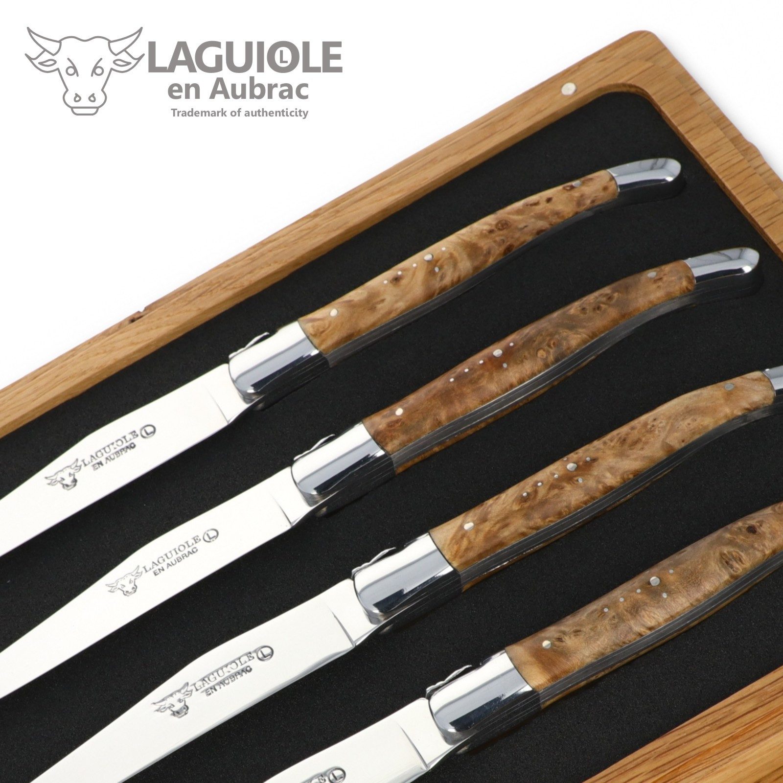Laguiole en Aubrac Steakmesser 42C99TYIH BRI 4er Set - Griff Linde - Backen glänzend - Klinge glänzend - Holzbox