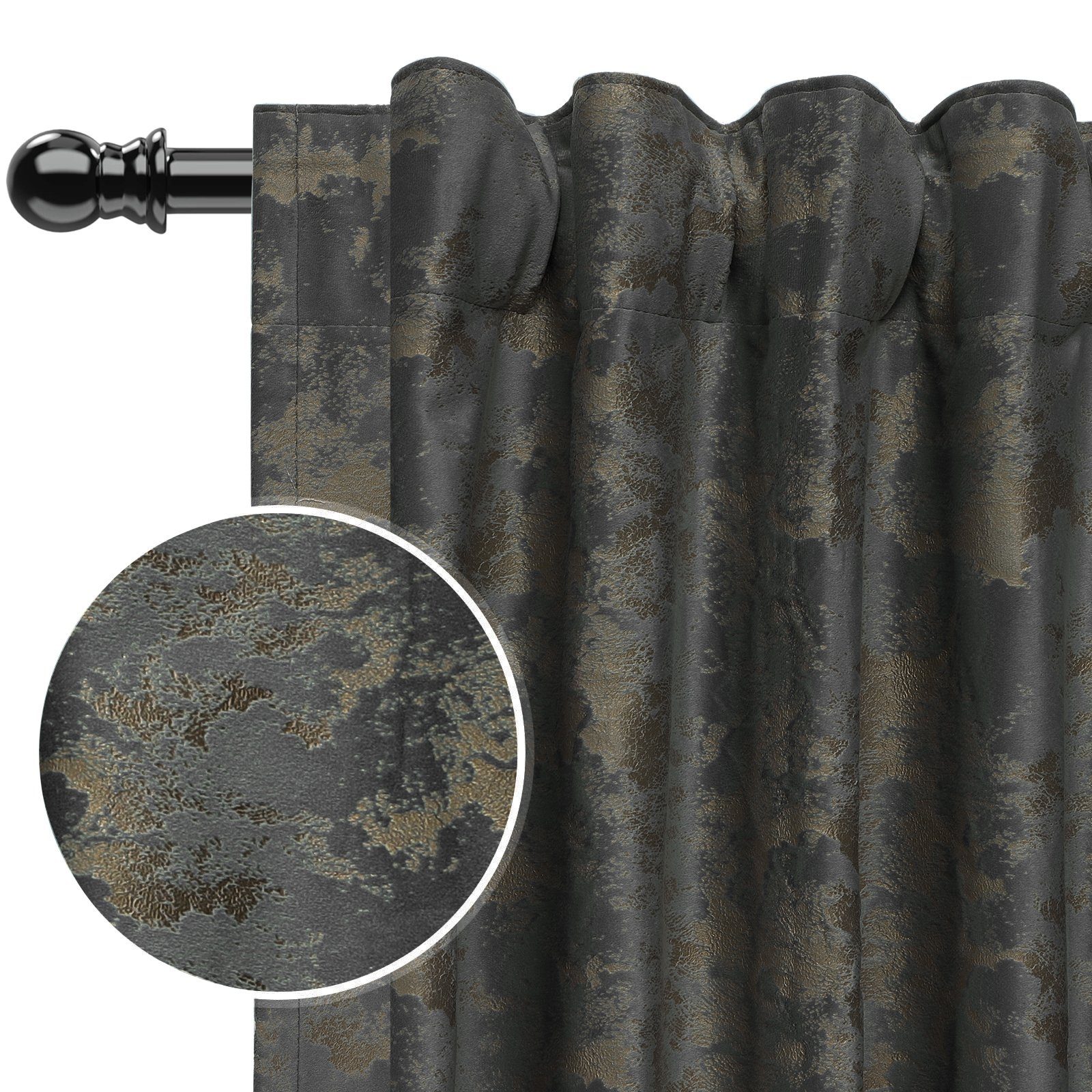 BTTO Vorhang Vorhangschal mit Goldprint Dunkelgrau mit Golddruck 132 x 274 cm, Dekorativer Sichtschutz mit elegantem Goldprint fürs Fenster