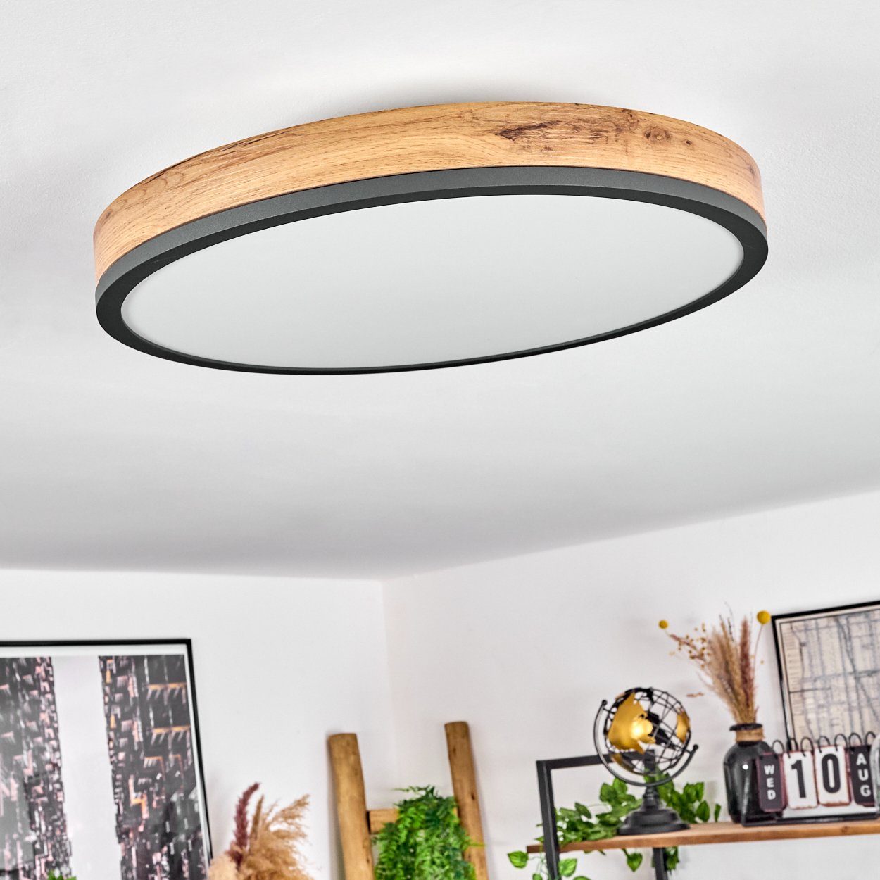 hofstein Deckenleuchte »Vacil« Deckenlampe, Metall/MDF/Kunststoff, Anthrazit/Holzoptik, 3000 Kelvin, Ø45cm, 1800 Lumen, 1xLED 24 Watt IP20, Braun, Weiß
