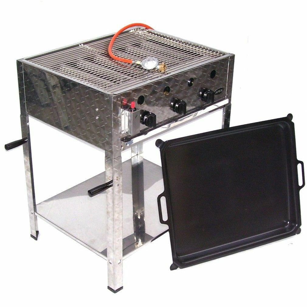 Apex Gasgrill EDELSTAHL GASBRÄTER 10 kW 3 flammig GASGRILL BRÄTER GRILL BBQ Grillwagen Pfanne Set 6