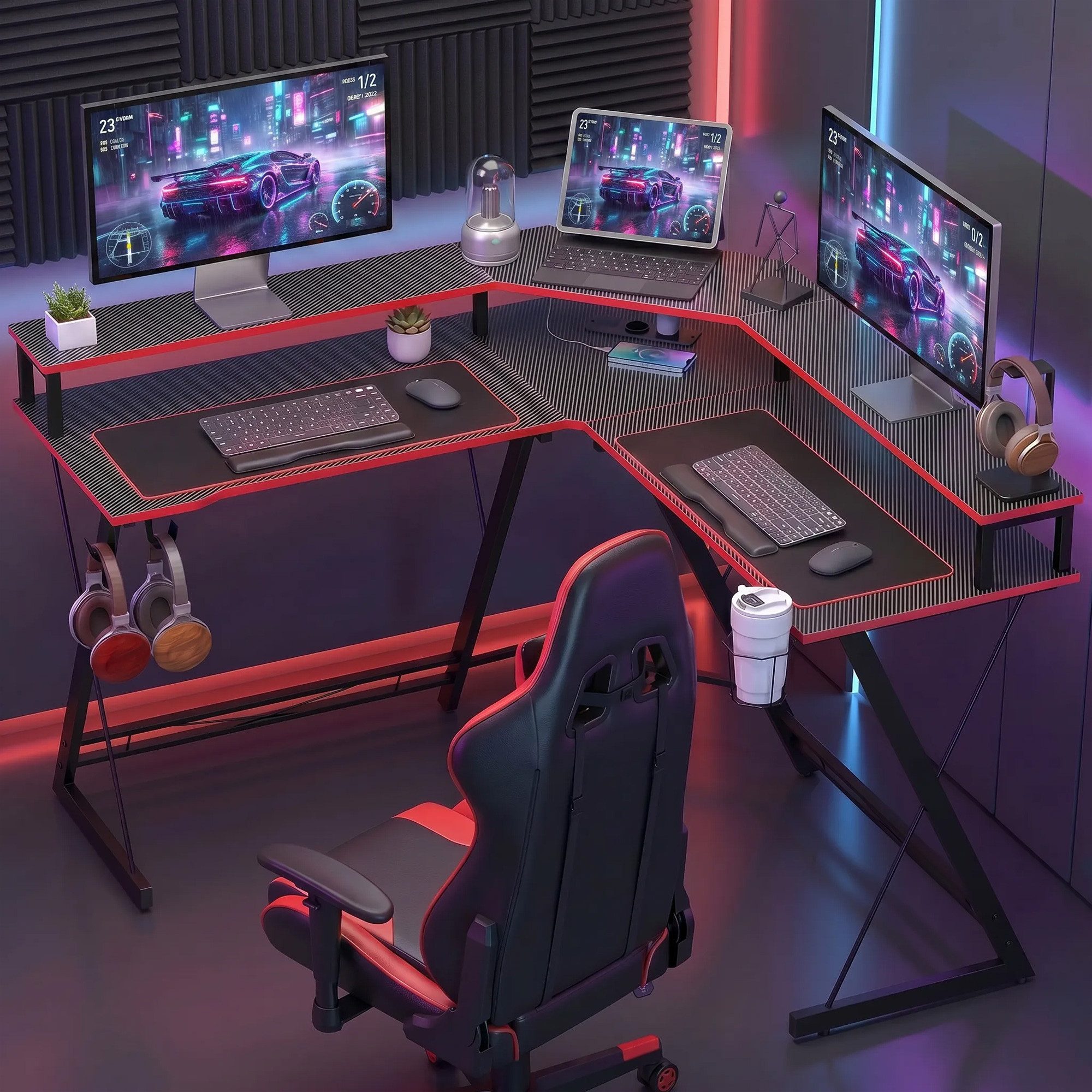 HOMCOM Computertisch Eckschreibtisch mit Steckdosen, USB-Anschlüssen (Eckschreibtisch, 1-St., Gaming Tisch), für Home Office, Schwarz