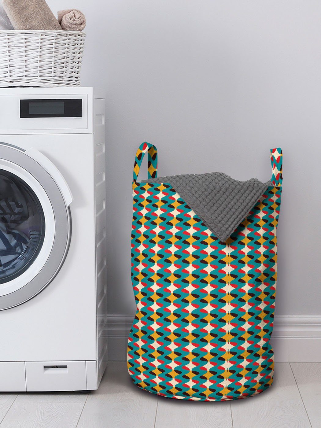 Wäschekorb Abakuhaus Retro mit Wäschesäckchen Abstrakte Kordelzugverschluss wellenförmige Waschsalons, Linie Kunst für Griffen