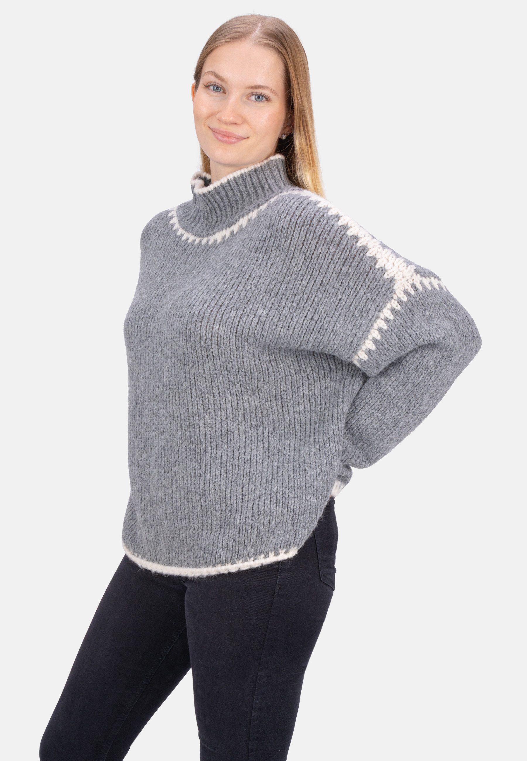 Seasons of April V-Ausschnitt-Pullover JOLIE Damen Strickpullover mit Stehkragen und Farbakzenten