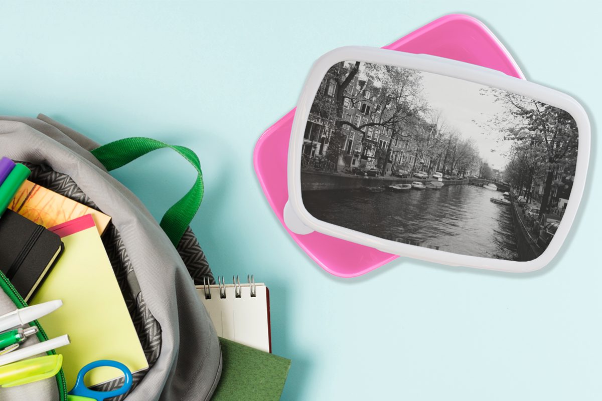 Schwarz Brotdose MuchoWow Brotbox Kunststoff Mädchen, Amsterdam-Kanal - Weiß, für Kinder, - Erwachsene, Lunchbox Snackbox, (2-tlg), Kunststoff, rosa