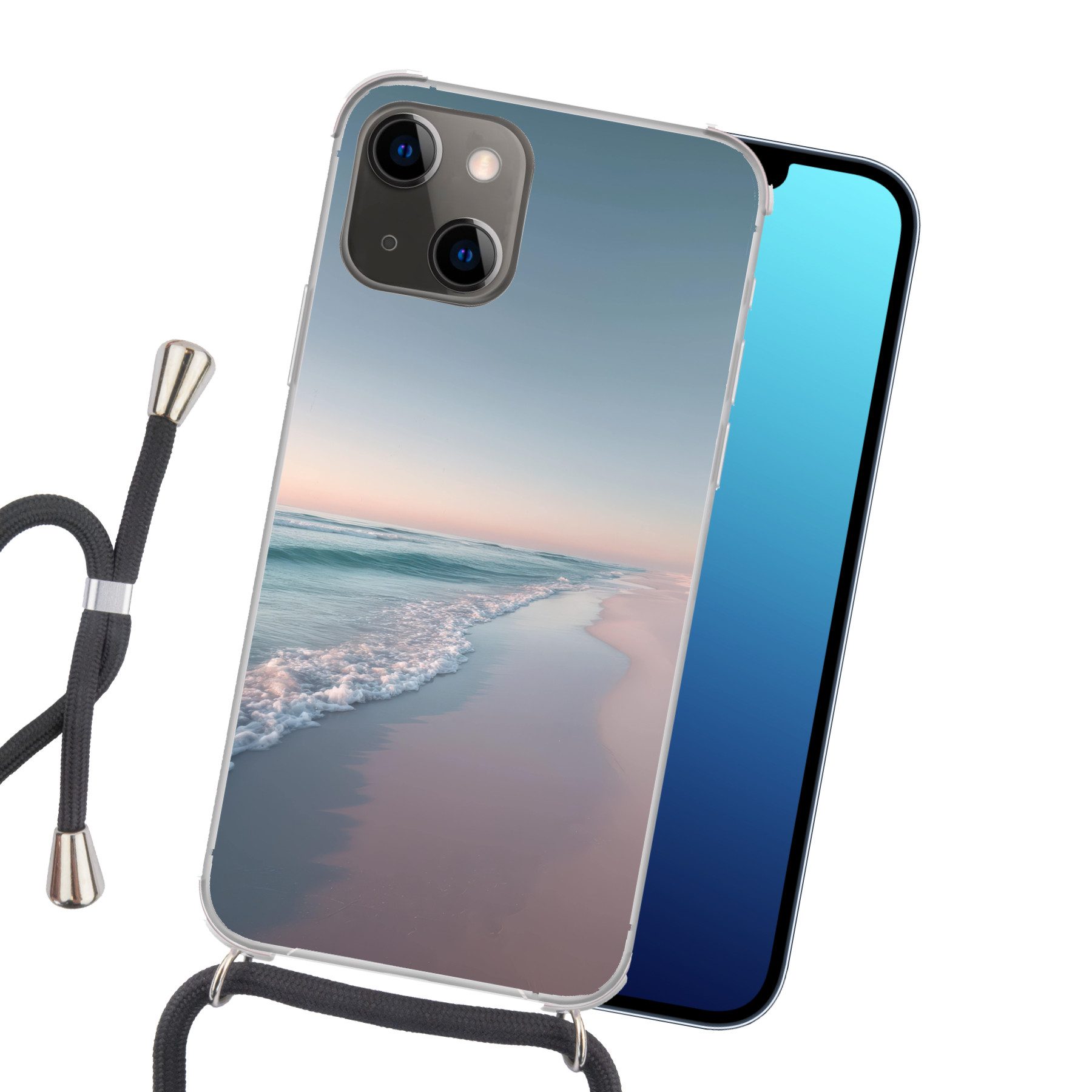 MuchoWow Handyhülle für Apple iPhone 13 Mini Küstenlinie - Pastell - Wasser, Tragbare Handyhüllen mit Kette zum umhängen, Handykette Handyband