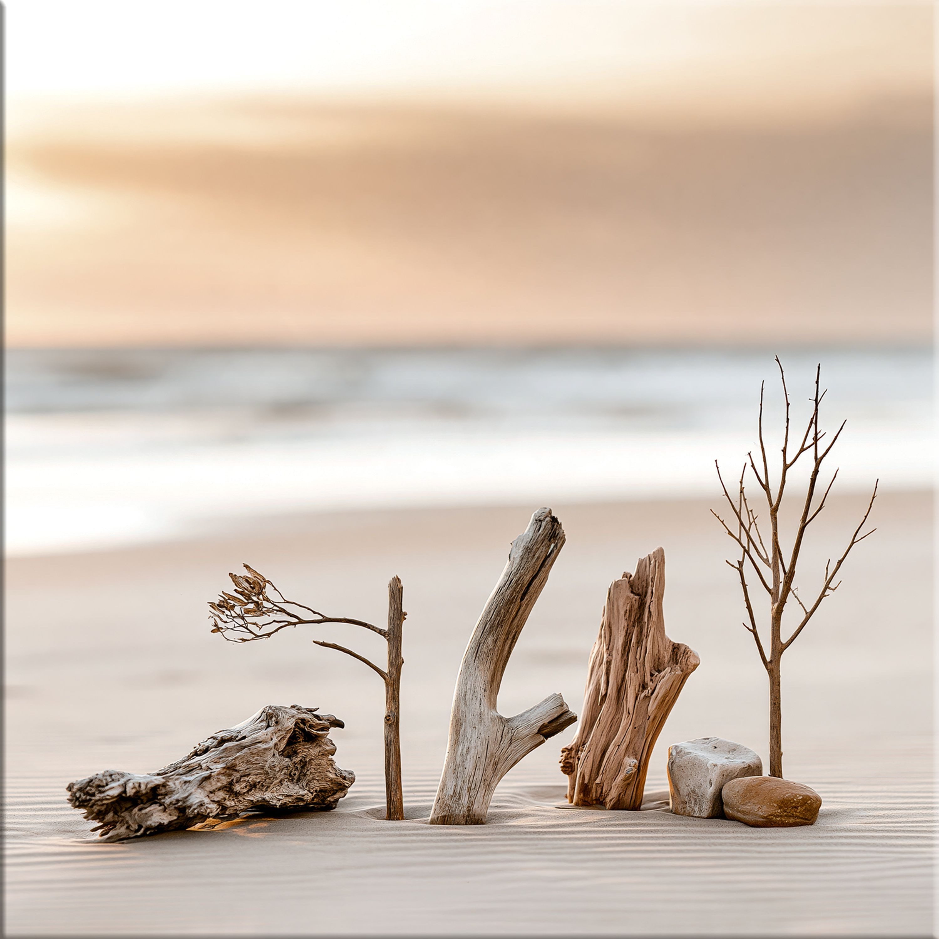 artissimo Glasbild Bild aus Glas 50x50 cm / Wandbild Quadratisch / Wanddeko modern, Strand und Meer: Treibholz am Strand in beige-weiß