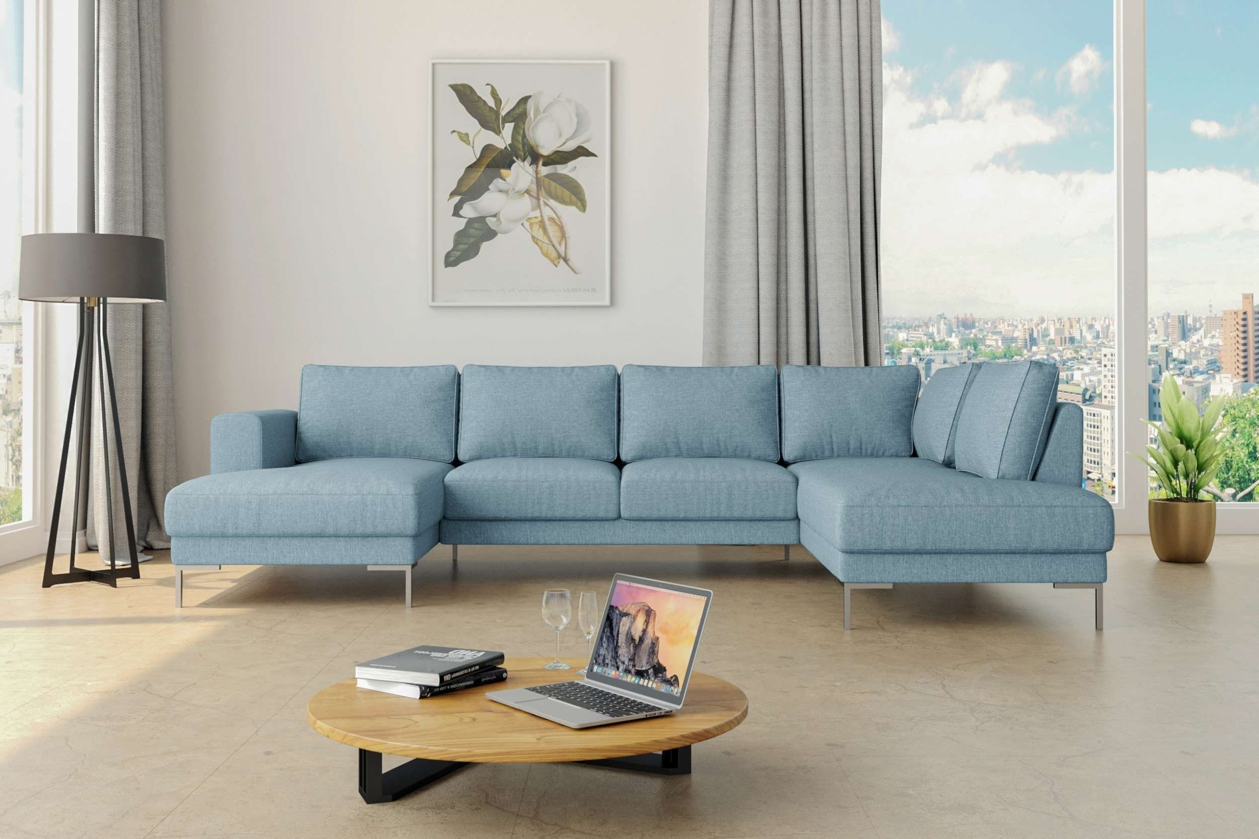 Stylefy Wohnlandschaft Santini, Sofa, links U-Form, Metall oder Wellenfederung, mit Hellblau Design, Raum rechts bestellbar, im mane frei stellbar, Modern