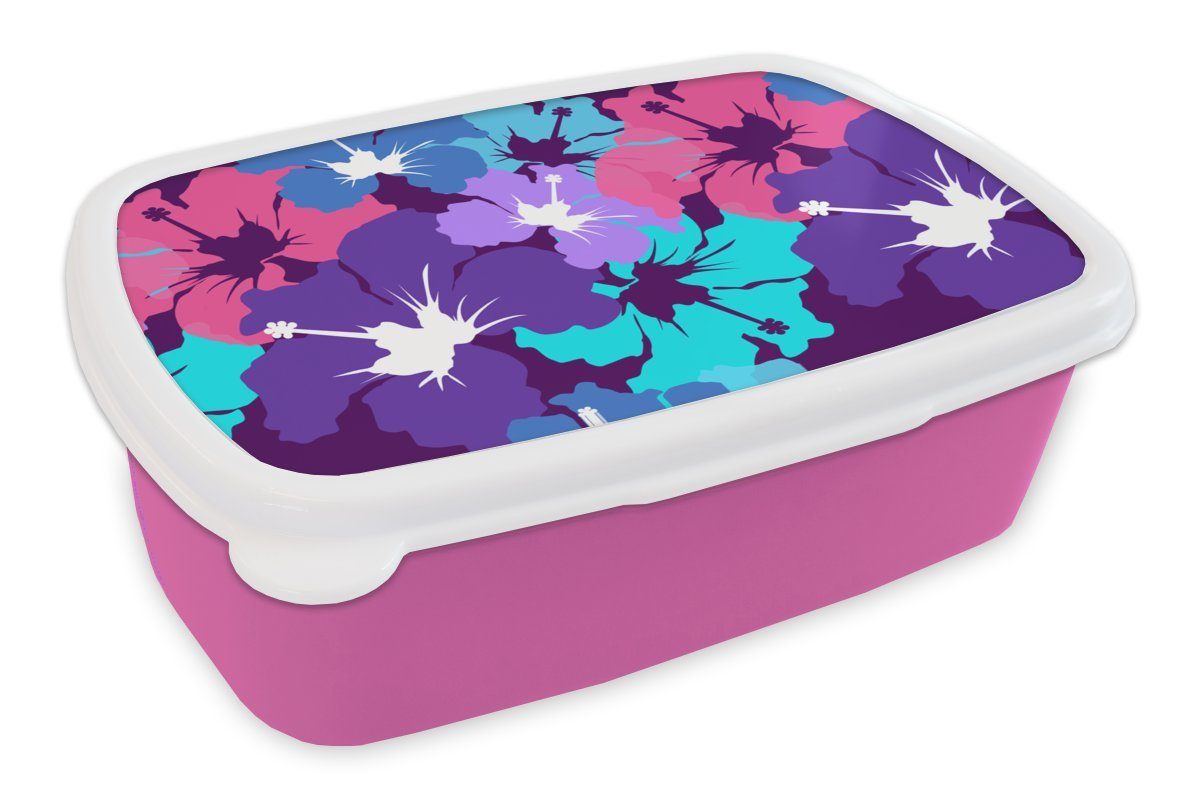 MuchoWow Lunchbox Tropisch - Blumen - Hawaii - Muster, Kunststoff, (2-tlg), Brotbox für Erwachsene, Brotdose Kinder, Snackbox, Mädchen, Kunststoff rosa