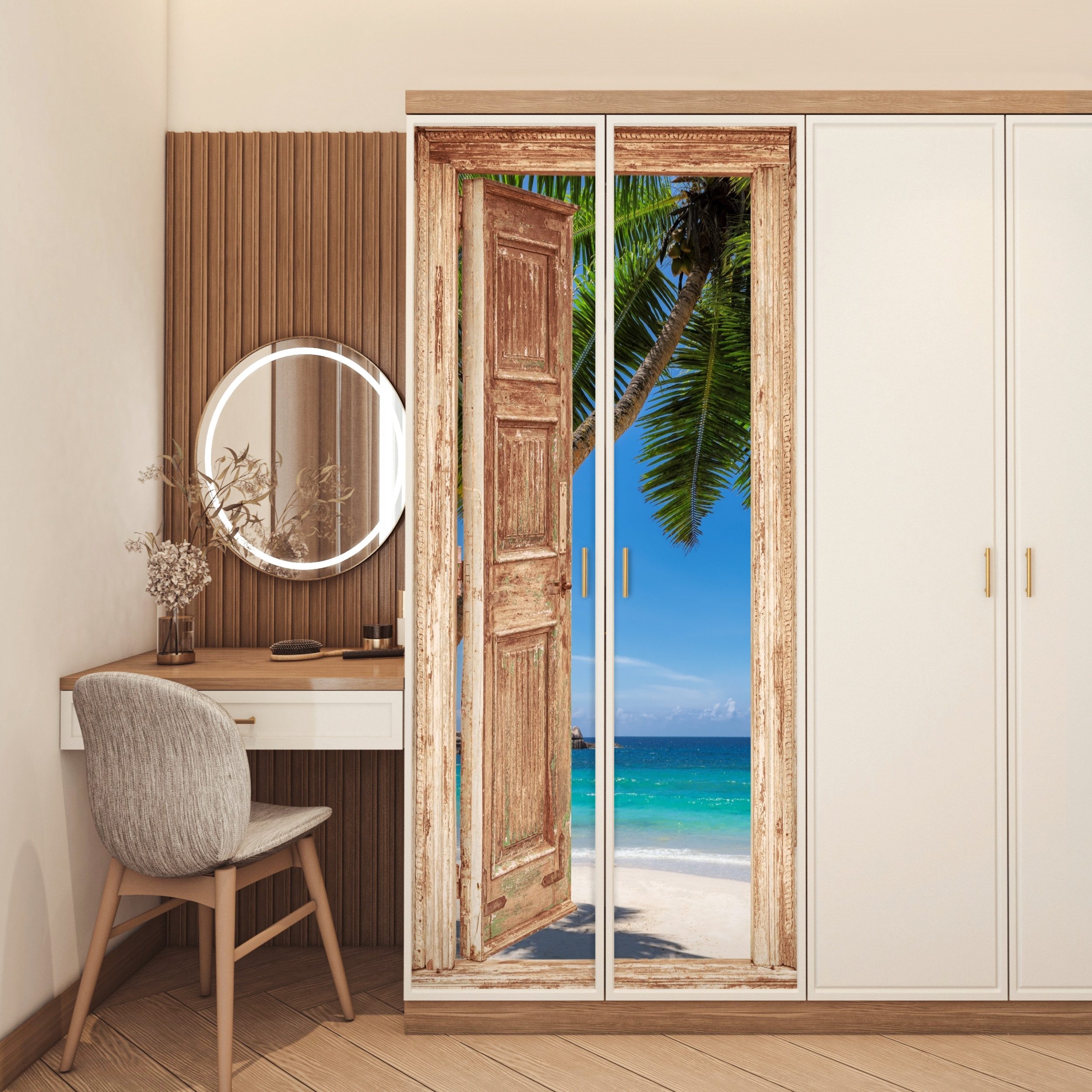 MuchoWow Türtapete Hellbraune Tür - Durchsichtig - Palme - Strand, Matt, bedruckt, (1 St), Selbstklebende Tapete, Folie für Möbel, 70x215 cm – Bild 5 von 5