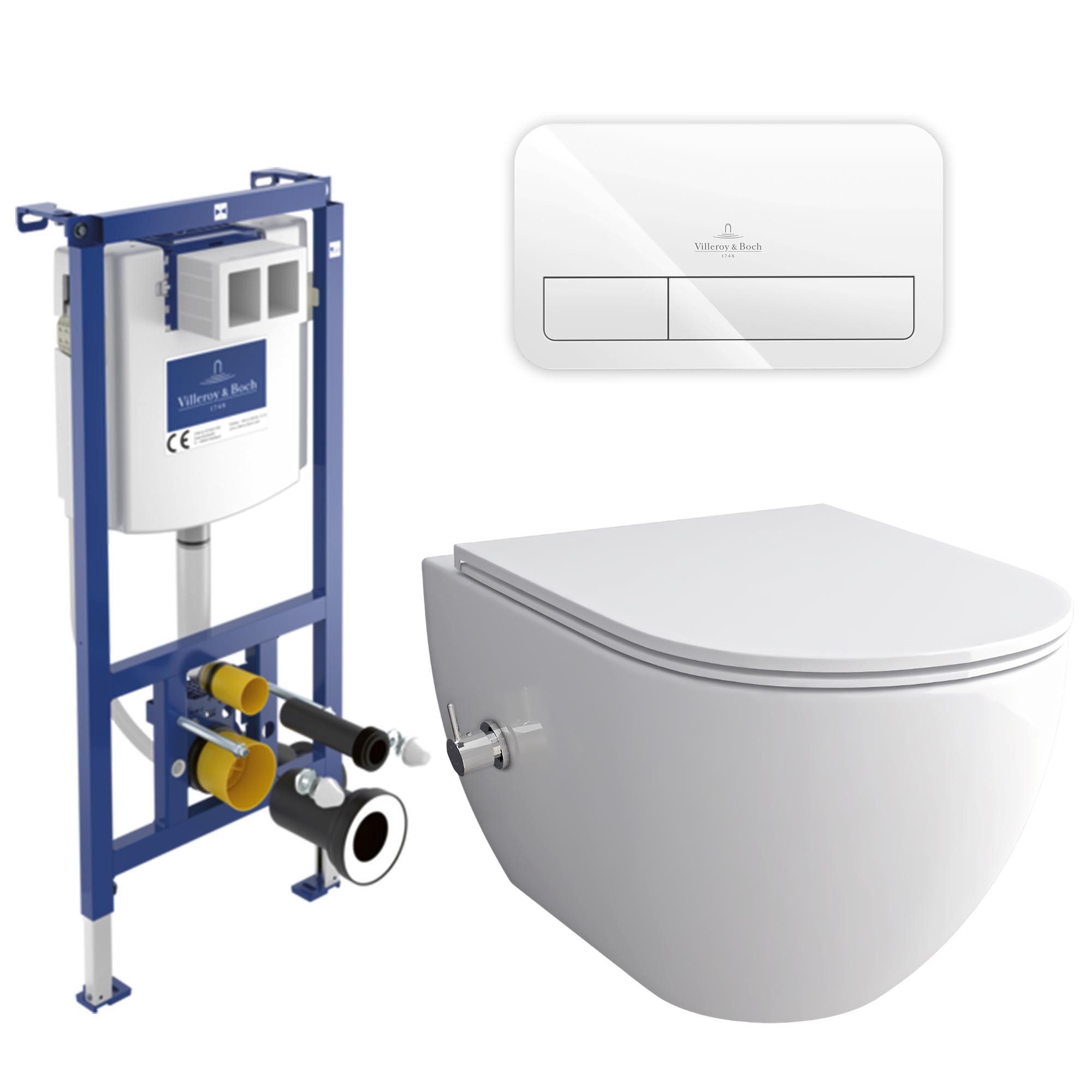 Alpenberger Vorwandelement WC Set Komplett: Dusch WC + Villeroy & Boch Spülkasten Betätigungsplatte, Duroplast Softclose WC Sitz, Tiefspüler Toilette mit Warm-Kalt-Mischer, Taharet WC mit Vorwandelement Komplettset