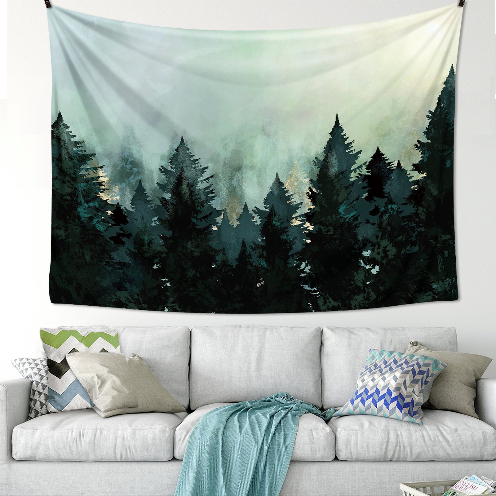 mm, GalaxyCat, mit Höhe: Wald Wandteppich, Wandbehang Wald Nebel im Natur 1450 Wandteppich Tapiss, Tannen, rechteckig, vers. Größen, Wandbehang mit