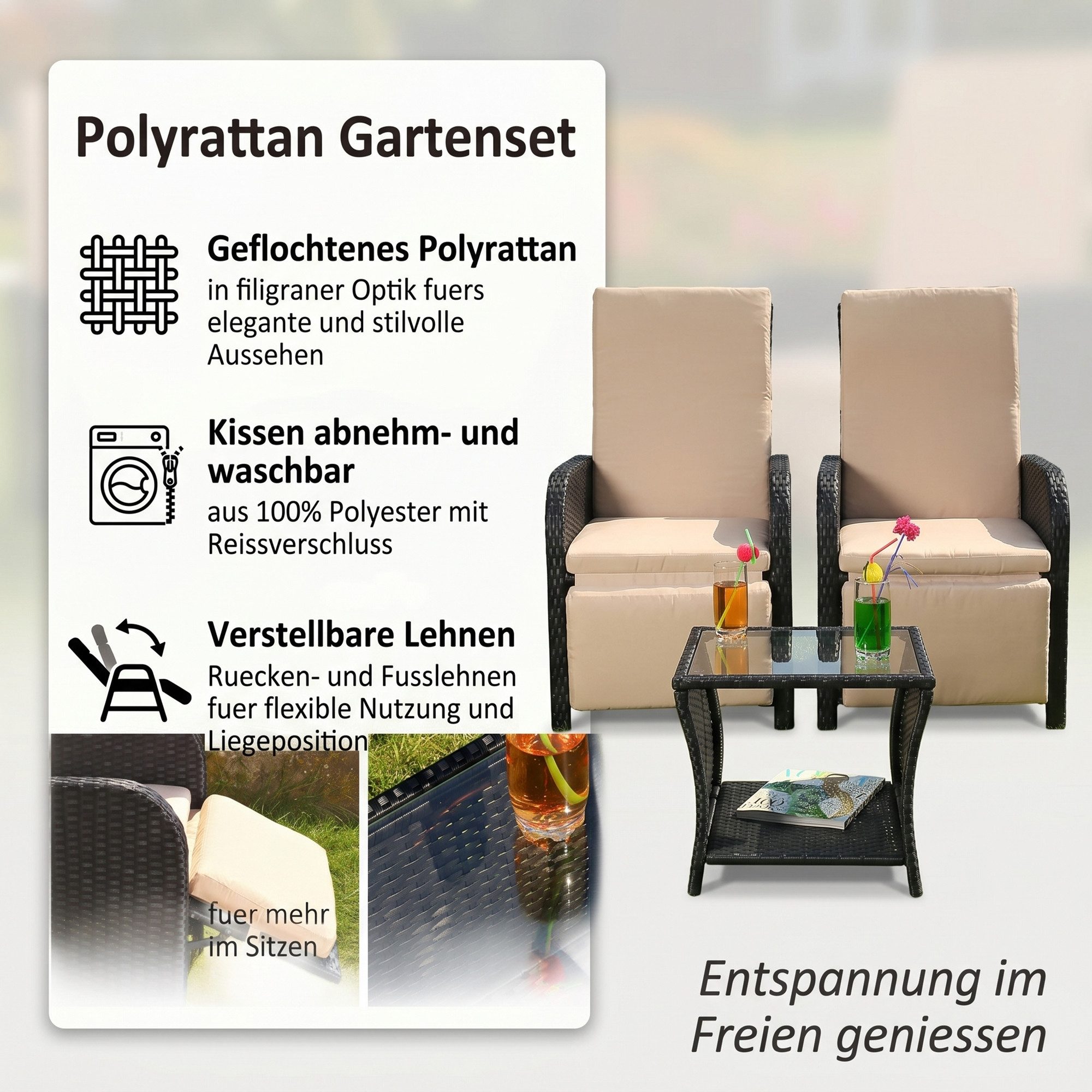 Mucola Sitzgruppe Gartenmöbel Set Sitzgarnitur Polyrattan Sitzgruppe Essgarnitur, (elegantes Set im Lounge-Design, 3-tlg., inkl. Auflagen für mehr Komfort), 3-teiliges Rattanmöbel Set mit verstellbarer Rücken- & Fußlehne