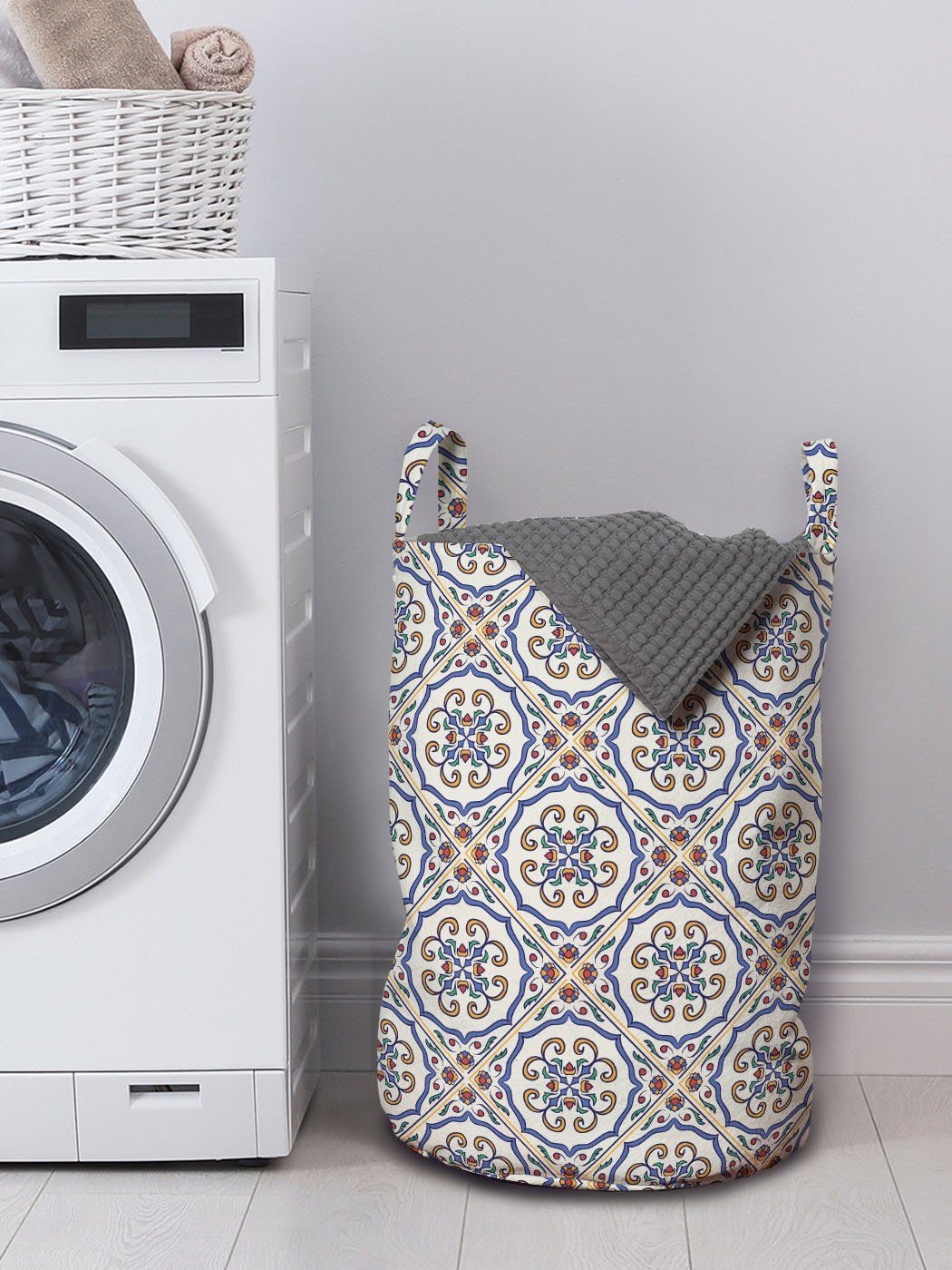 Geometrisch Wäschekorb West mit Abakuhaus Aufwändige Waschsalons, für Kordelzugverschluss Motiv Griffen Wäschesäckchen