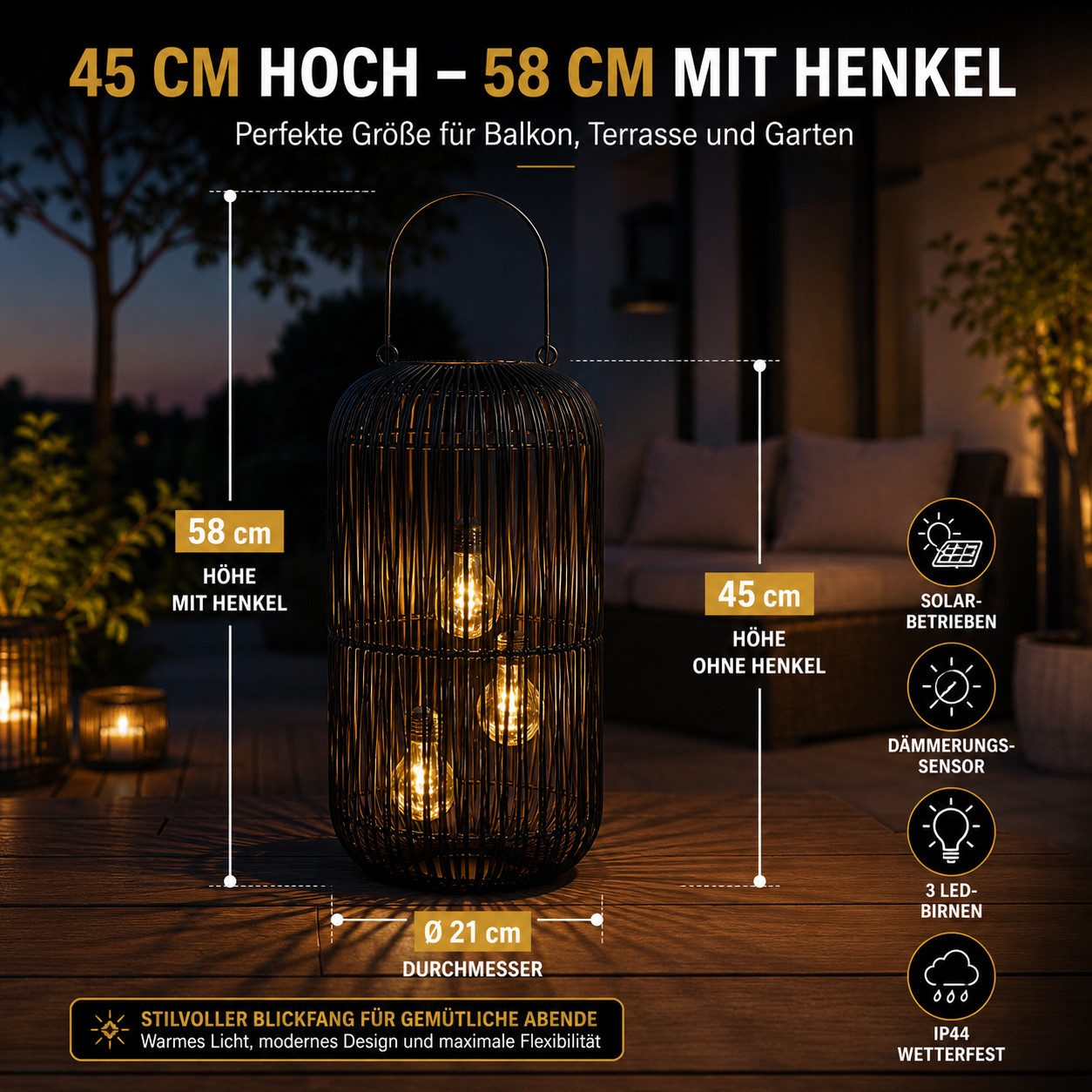 formano LED Laterne Solarlaterne Außen Garten Rattan Look Laterne 45 cm schwarz, LED fest integriert