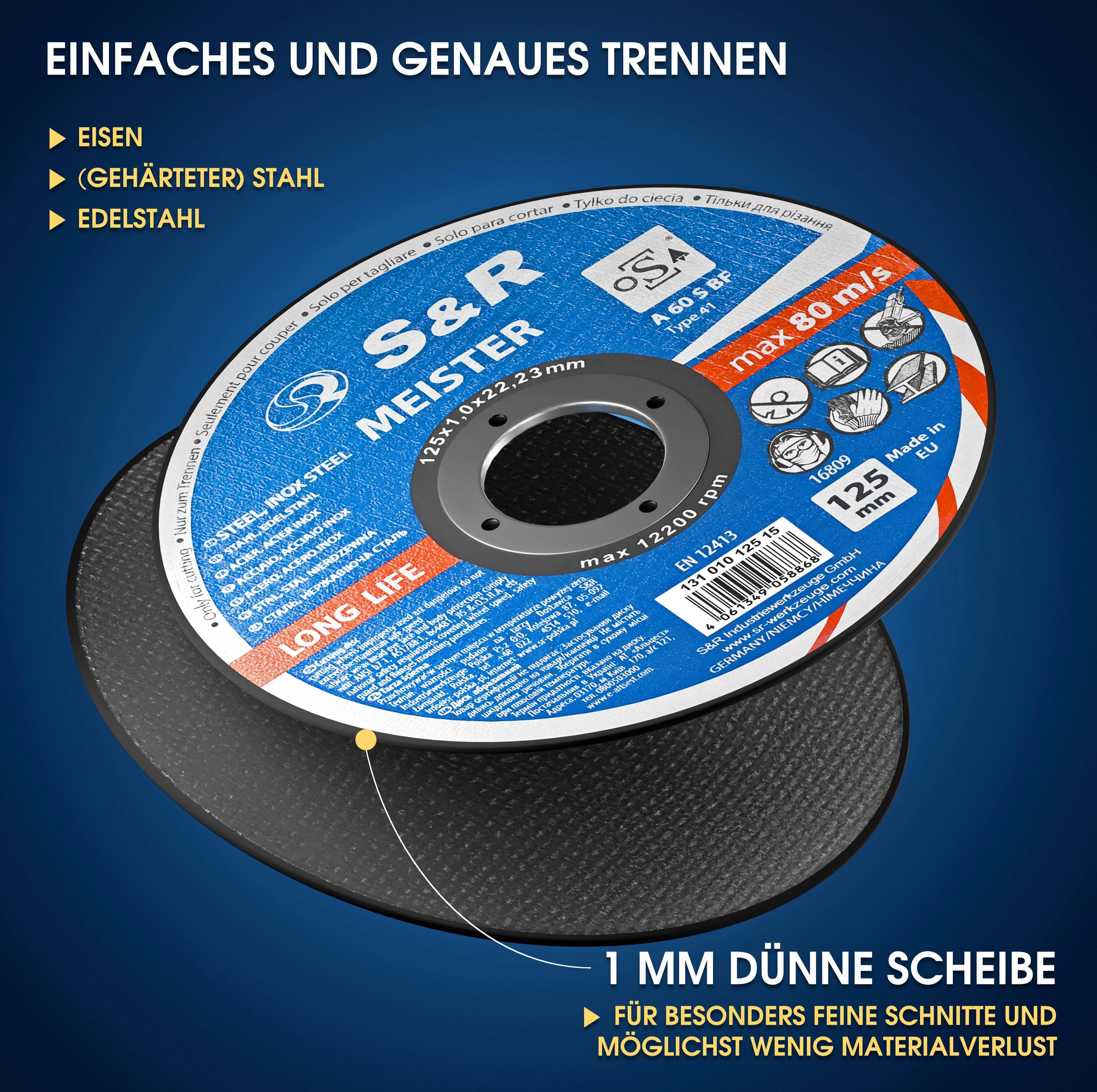 S&R Trennscheibe in Profi-Qualität, Made in EU, für Metall, Stahl, Edelstahl/INOX, (Set, 15- teilig), 125 x 1,0 x 22,23 mm, Flexscheiben für Winkelschleifer, Flex
