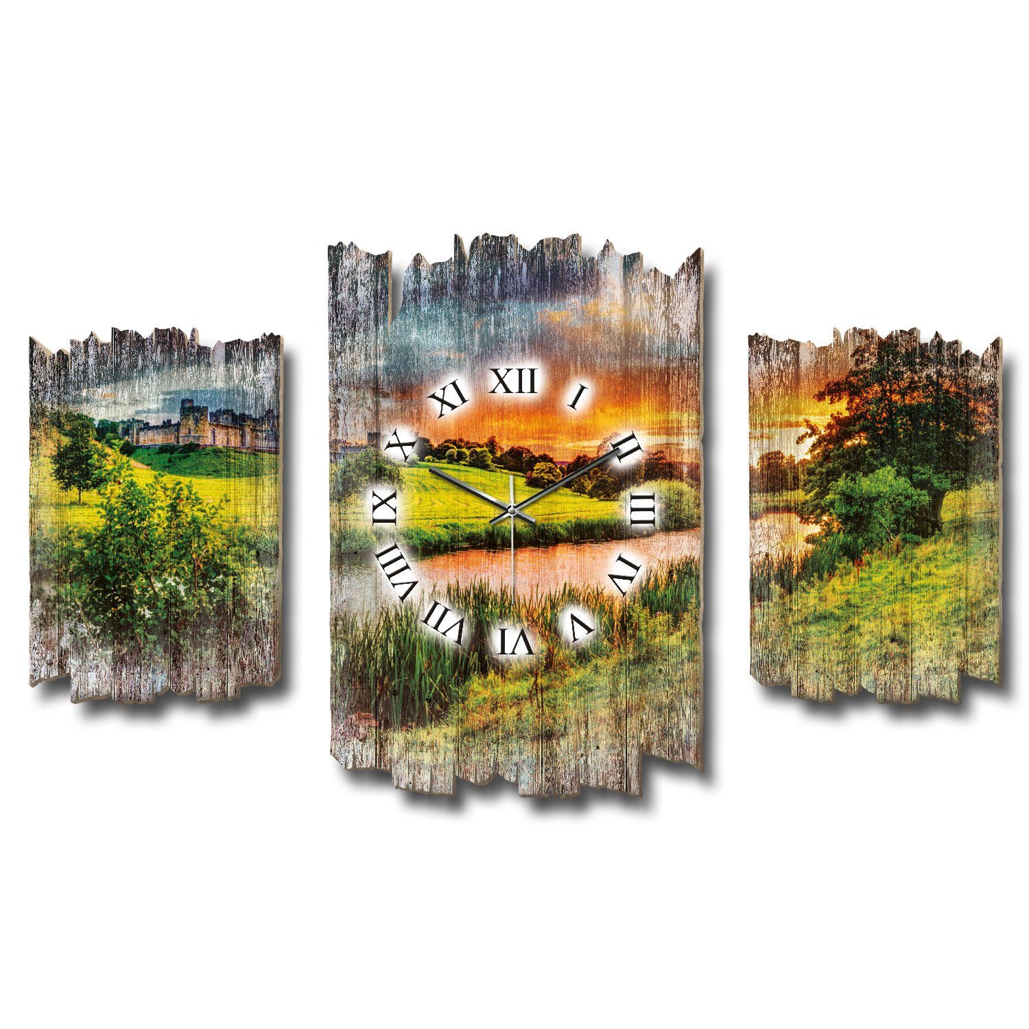 Kreative Feder Wanduhr 3-teilige DESIGNER-Wanduhr „Am Fluss“ im Shabby-Chic-Stil (ohne Ticken; Funk- oder Quarzuhrwerk; elegant, außergewöhnlich, modern)