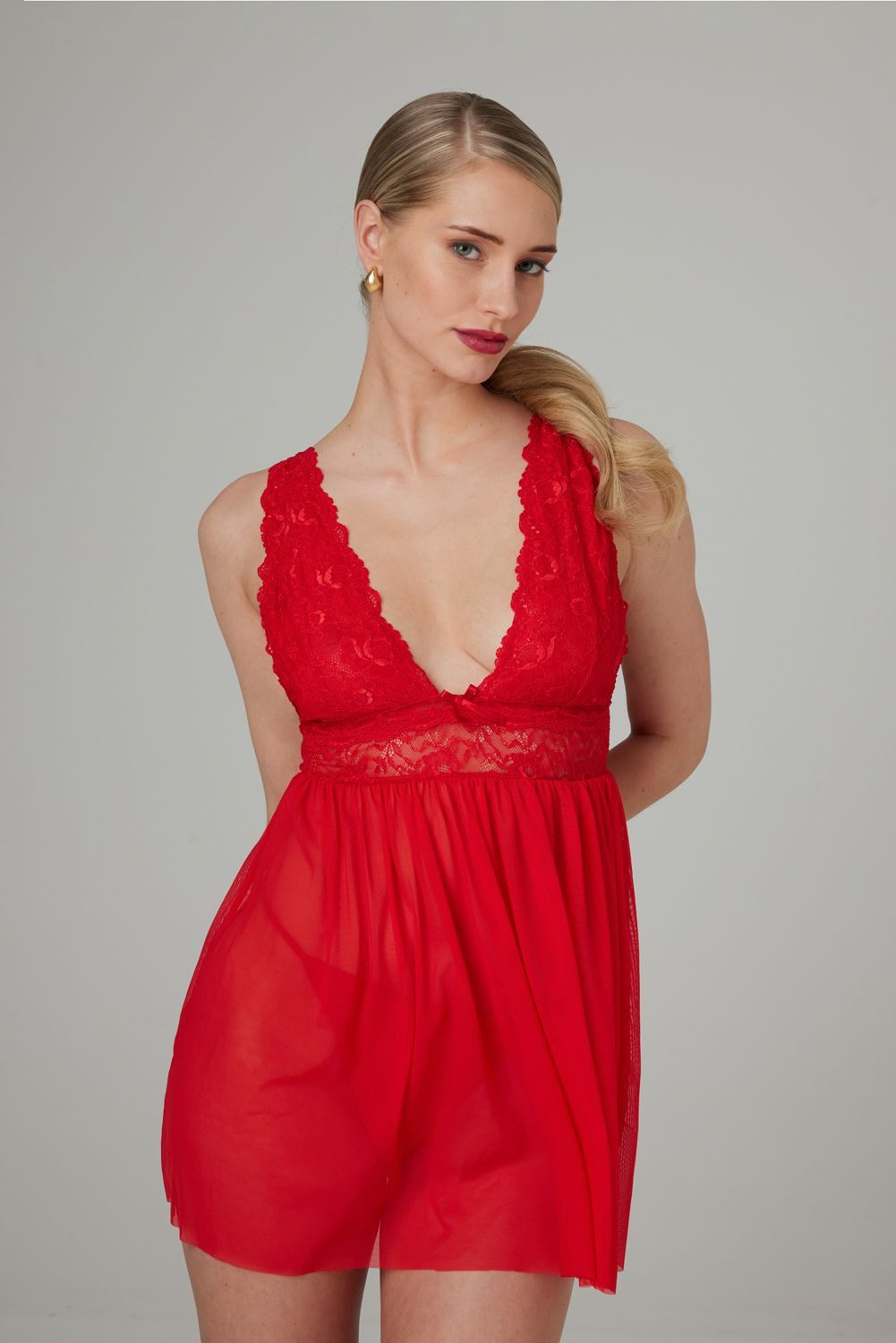 CHRISTINE LE DUC Negligé Babydoll + String Lieve - Rot